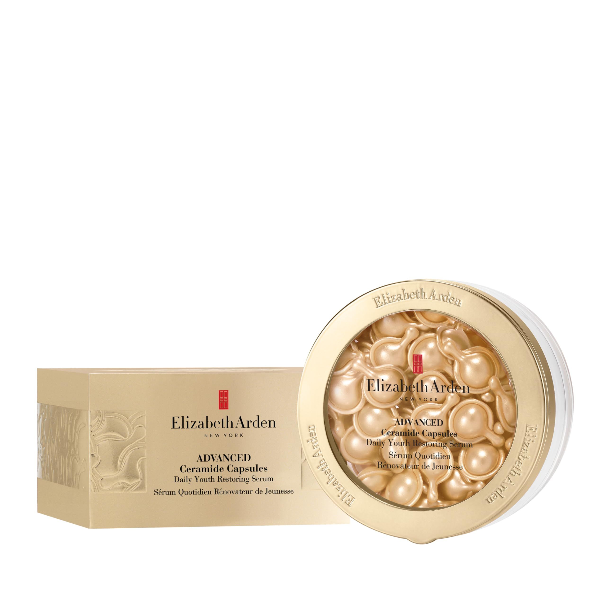 Produktverpackung und Behälter mit Kapseln. Goldfarbene Verpackung. Elizabeth Arden-Logo und Produktname sichtbar.