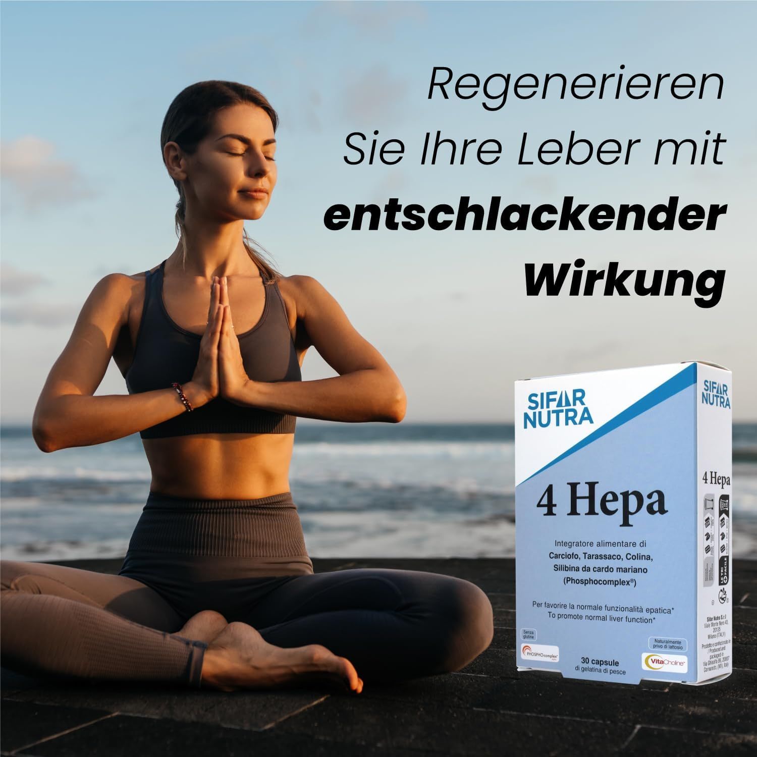 Frau meditiert. Daneben Schachtel Sifar Nutra 4 Hepa. Text: Regenerieren Sie Ihre Leber mit entschlackender Wirkung.