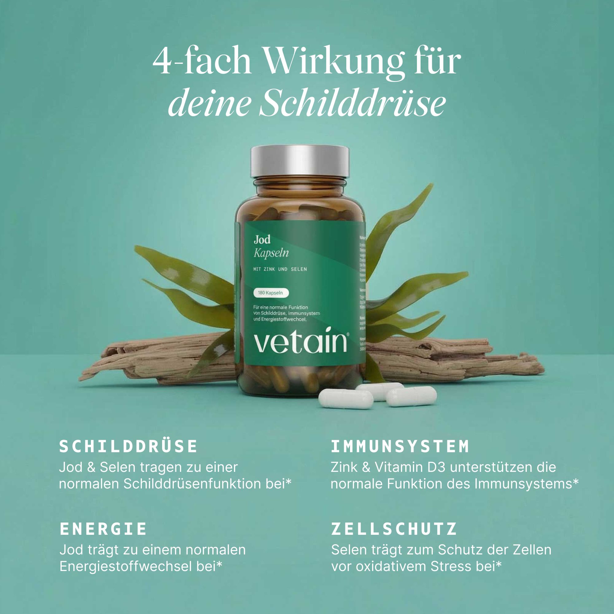 Vetain Jod Komplex: 4-fache Wirkung für Schilddrüse, Immunsystem, Energie, Zellschutz.
