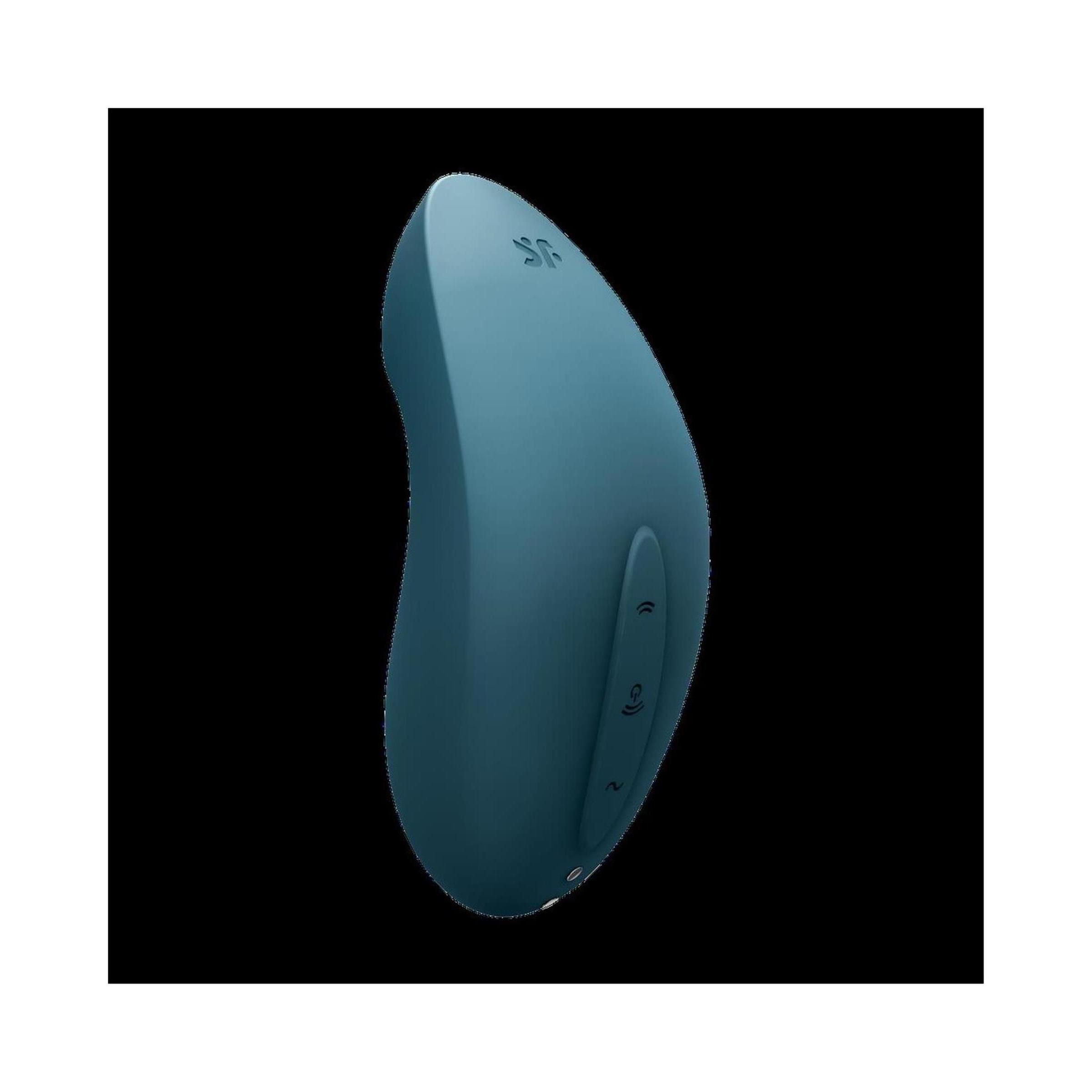 Blaues, ergonomisch geformtes Produkt mit drei Knöpfen. Oberseite mit Logo. Glatte Oberfläche.