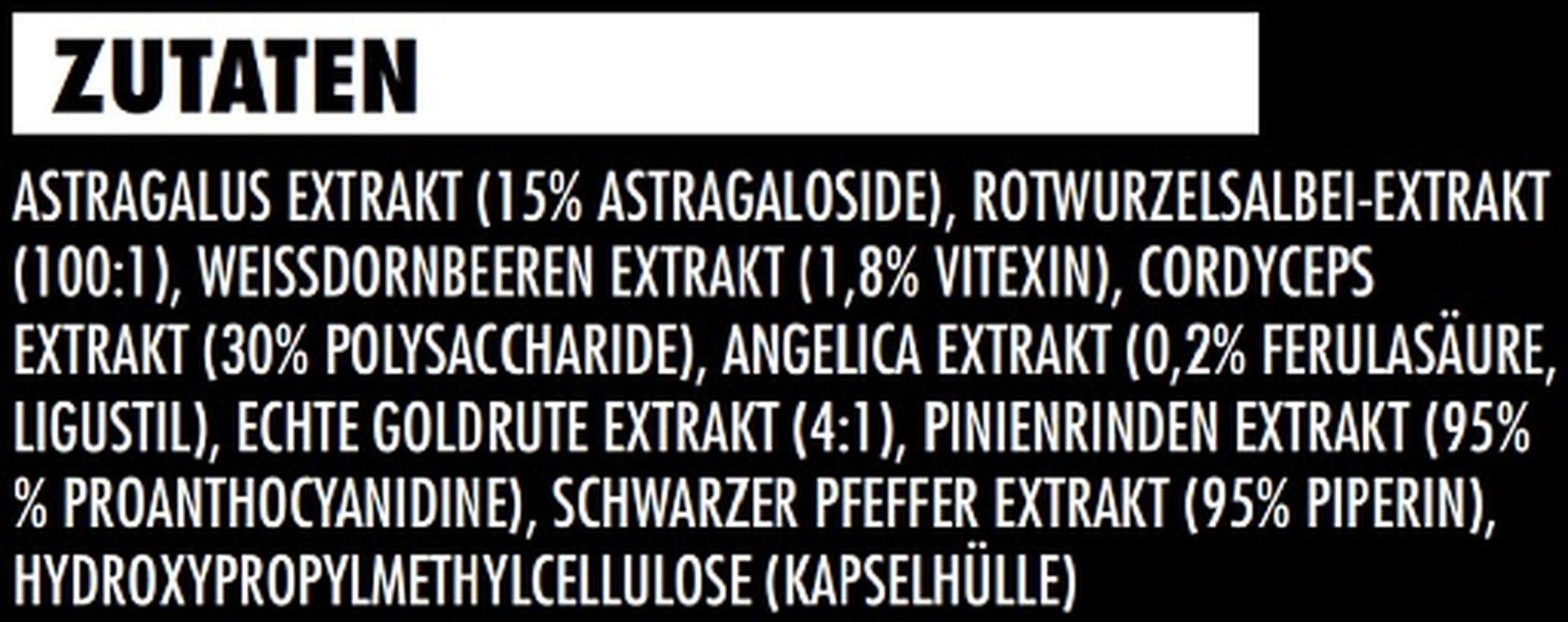Text auf schwarzem Hintergrund. Überschrift: ZUTATEN. Auflistung von Inhaltsstoffen, darunter Astragalus Extrakt und Cordyceps Extrakt.