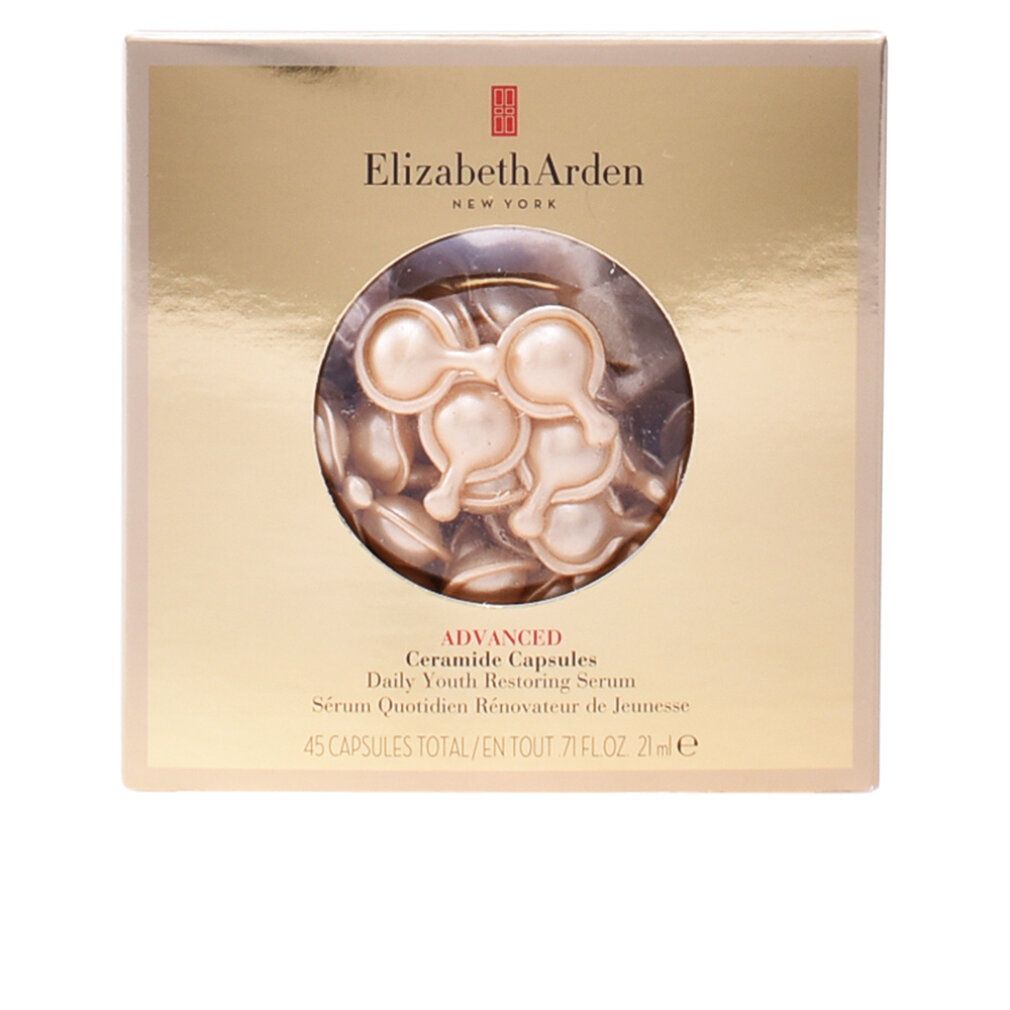 Goldene Schachtel mit Ceramide Kapseln. Aufschrift: Elizabeth Arden, Advanced Ceramide Capsules, 45 Capsules Total.