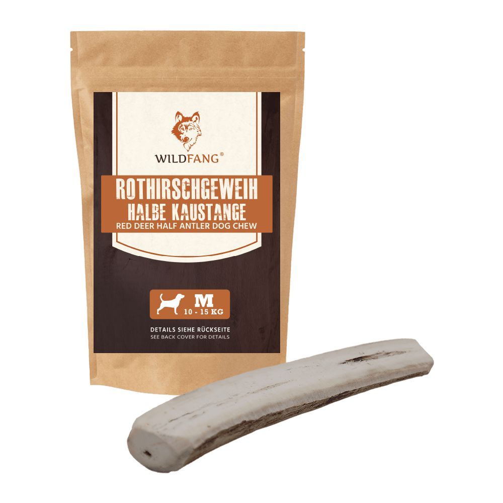 Verpackung mit halber Kaustange. Produktname: Rothirschgeweih. Größe M für Hunde 10-15 kg. Logo Wildfang.