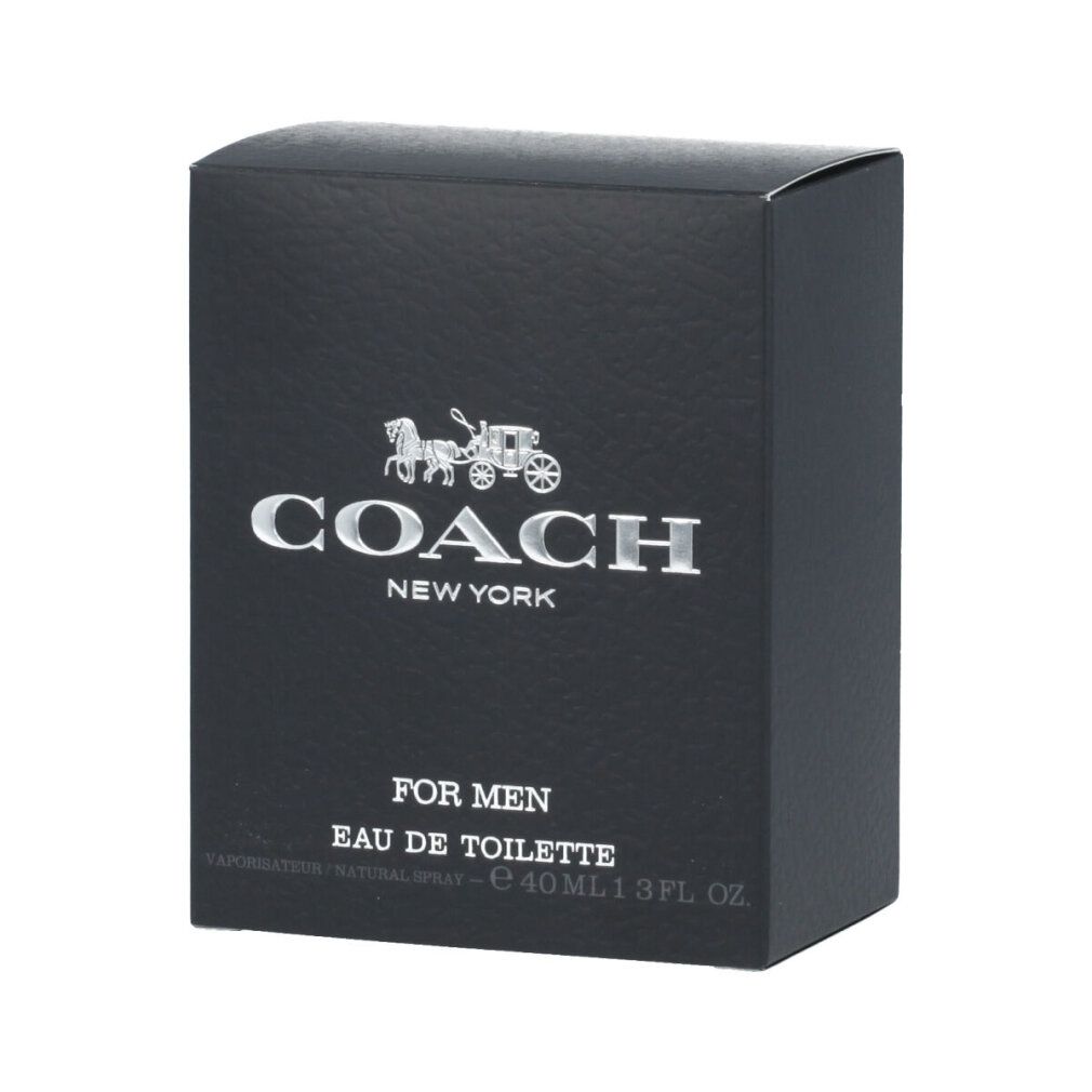 Schwarze Schachtel mit Logo und Schriftzug. Aufschrift: FOR MEN, EAU DE TOILETTE.