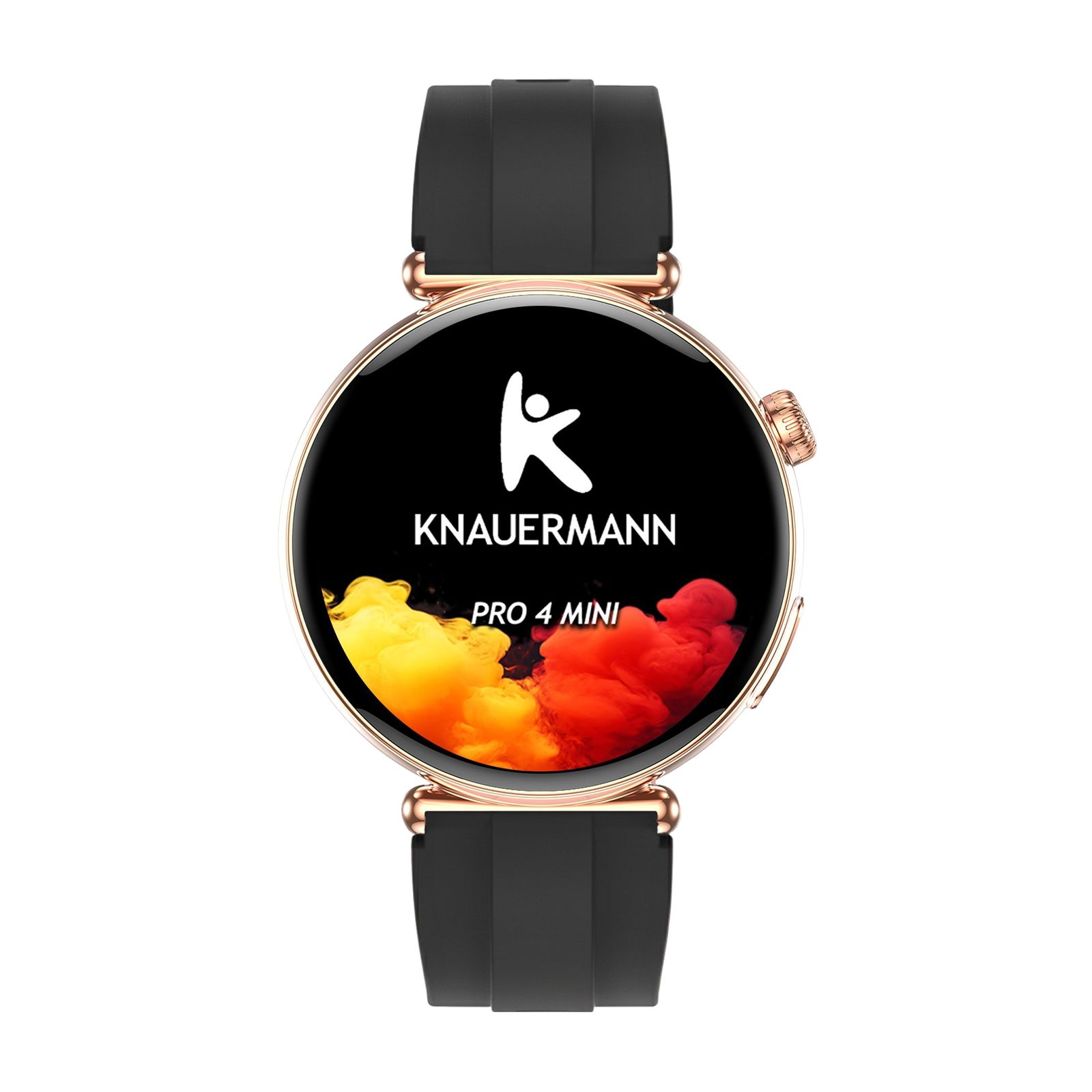 Smartwatch mit rundem Zifferblatt, schwarzem Armband und roségoldfarbenem Gehäuse. Auf dem Display: Logo und Schriftzug PRO 4 MINI.