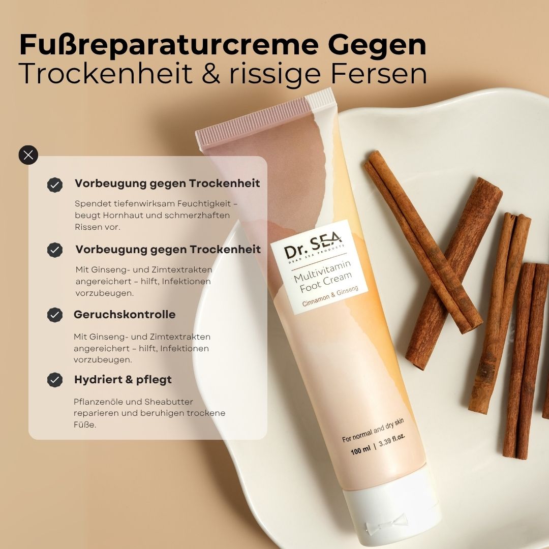 Creme-Tube "Dr. SEA Multivitamin Fußcreme" mit Zimtstangen. Text: Vorbeugung gegen Trockenheit, Geruchskontrolle, Hydriert & pflegt.