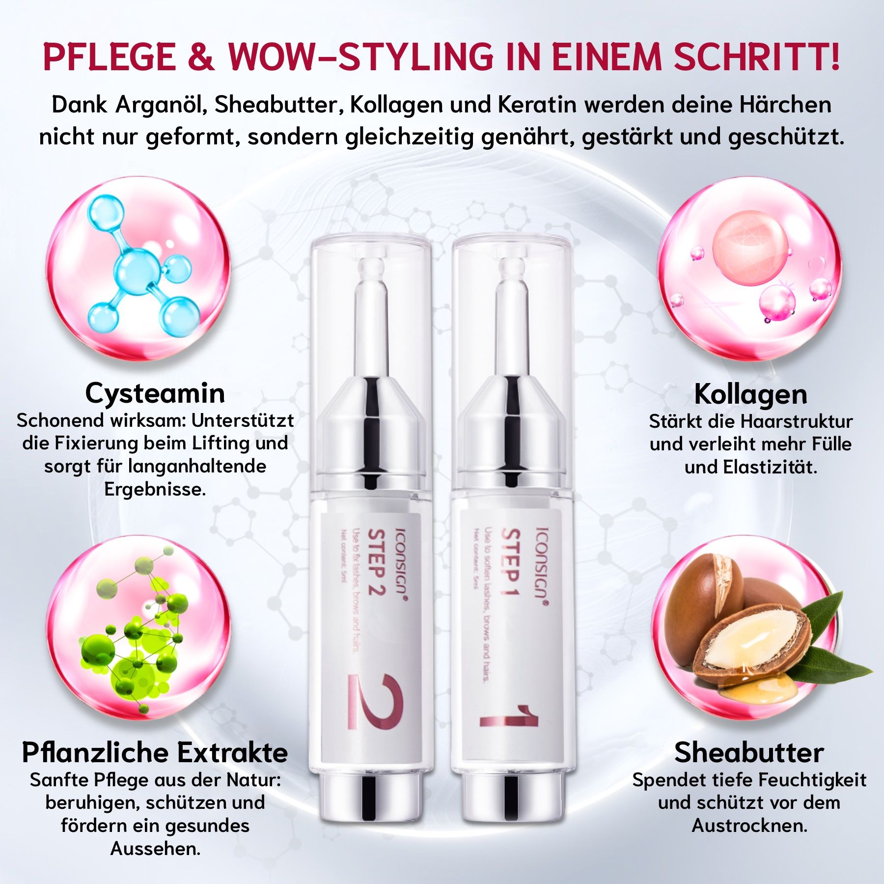 Zwei Flaschen mit Text. Text: Step 1, Step 2, Iconsign. Grafiken mit Inhaltsstoffen: Cysteamin, Kollagen, Sheabutter.
