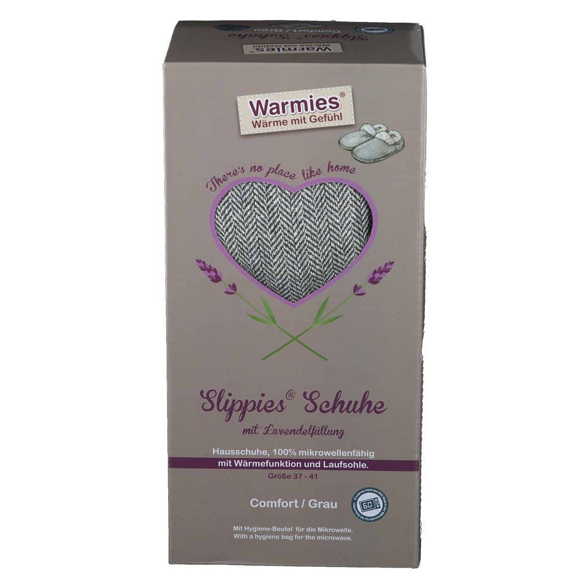 Warmies® Slippies-Schuh-Verpackung. Grau, mit Lavendelfüllung. Text und Logo auf der Verpackung.