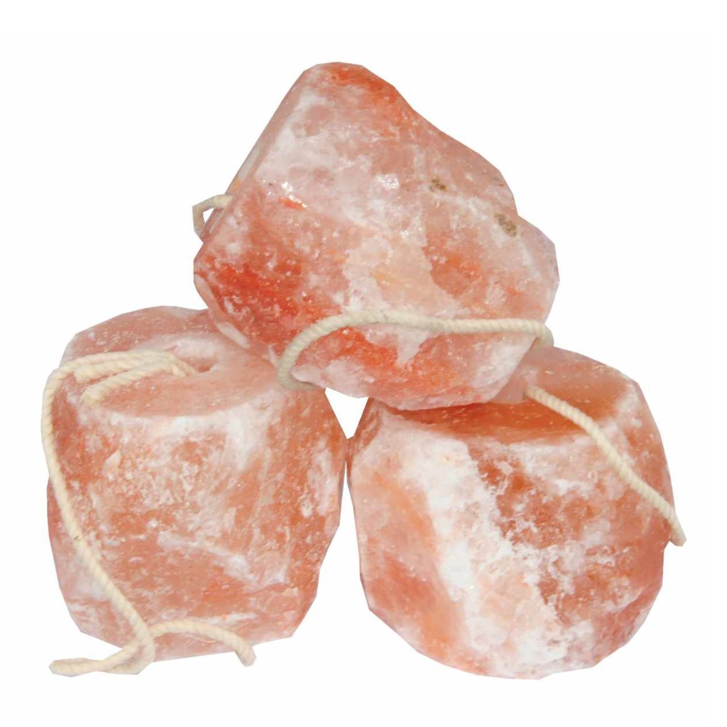 Drei rosa Salzlecksteine mit Schnur. Naturprodukt für Tiere.