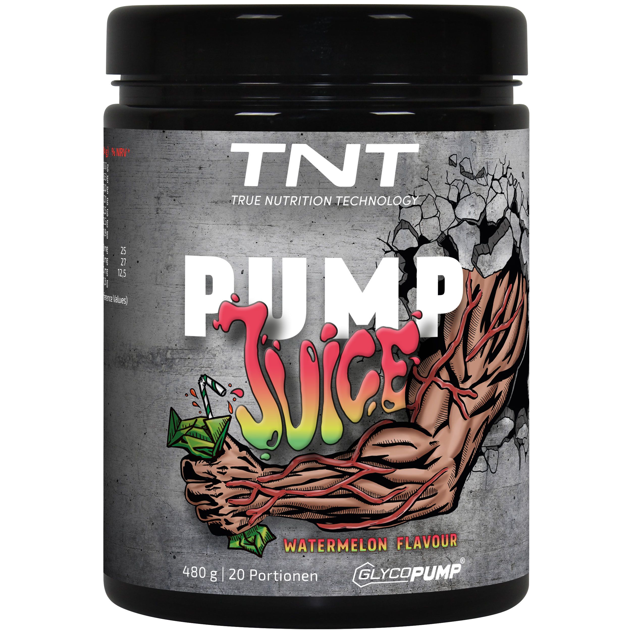 Dose TNT Pump Juice, grauer Hintergrund, Schriftzug. Arm mit Muskeln, Wassermelonen-Geschmack. 480g, 20 Portionen.