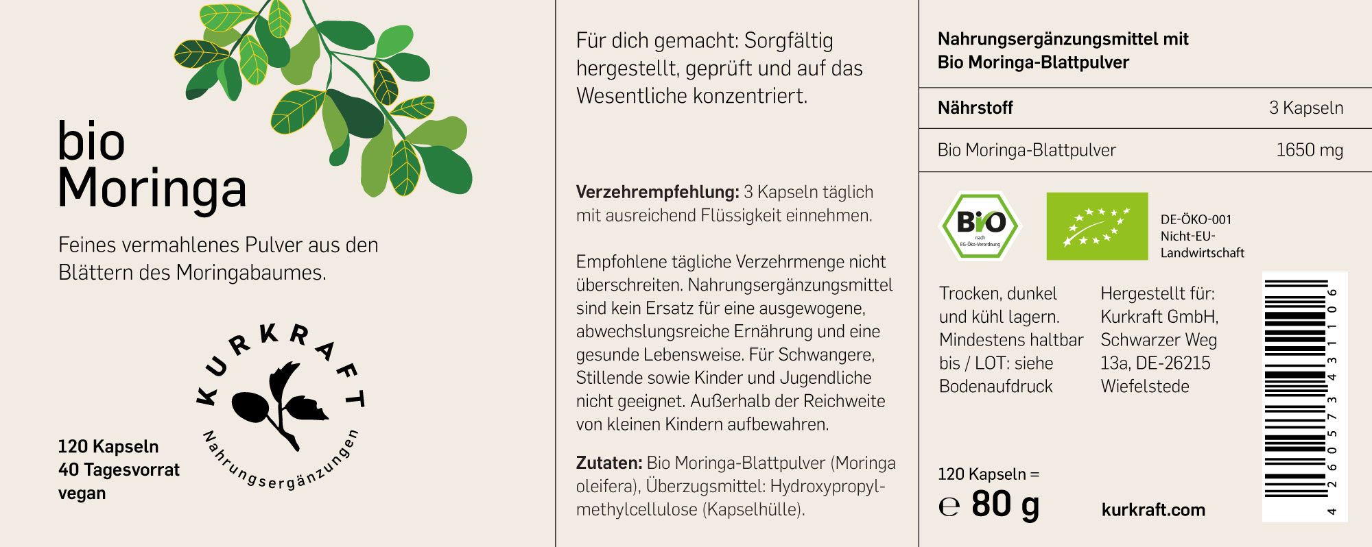 Etikett einer Bio Moringa-Nahrungsergänzung. Enthält Informationen zu Inhaltsstoffen, Dosierung und Zertifizierungen.