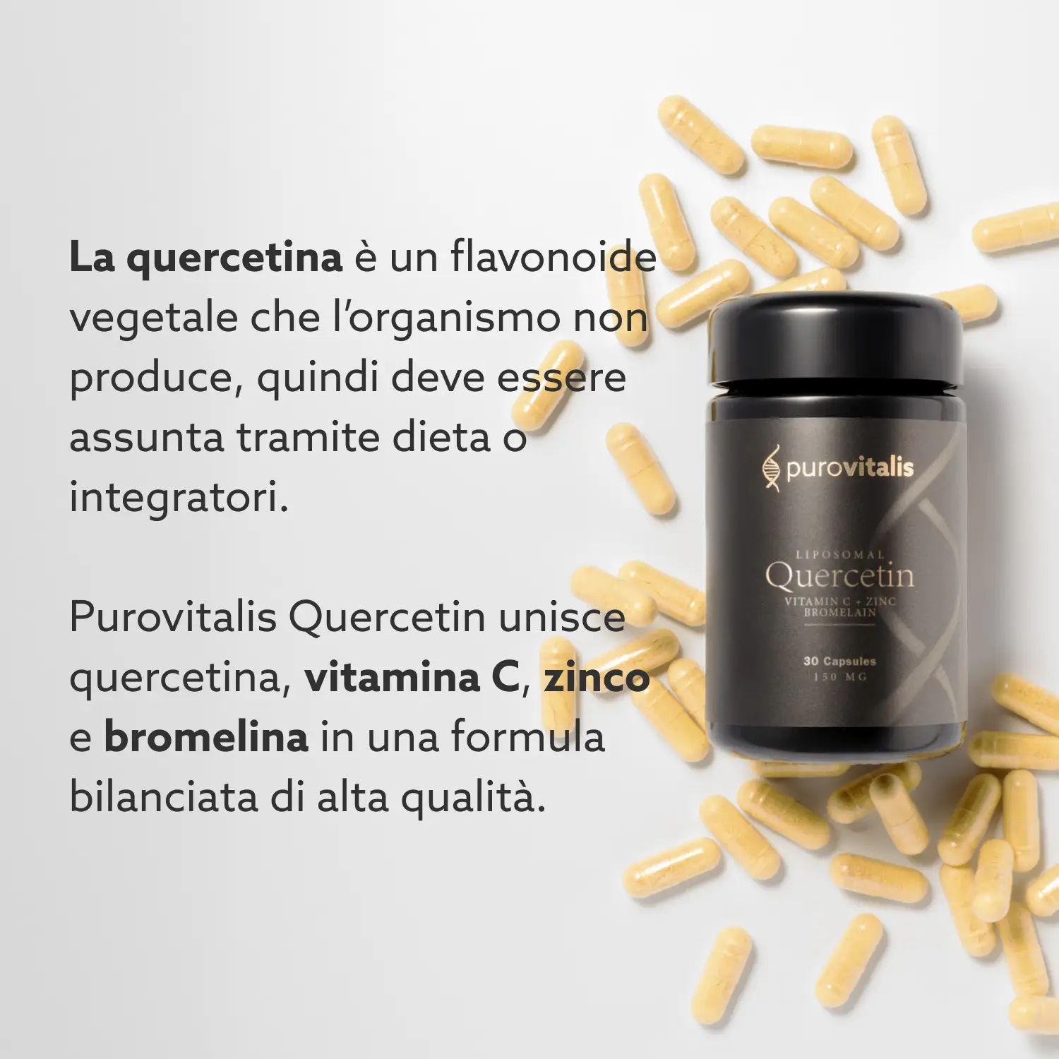 Flasche und Kapseln. Text: Quercetin ist ein Flavonoid, das der Körper nicht selbst herstellt. Purovitalis Quercetin mit Vitamin C, Zink & Bromelain.
