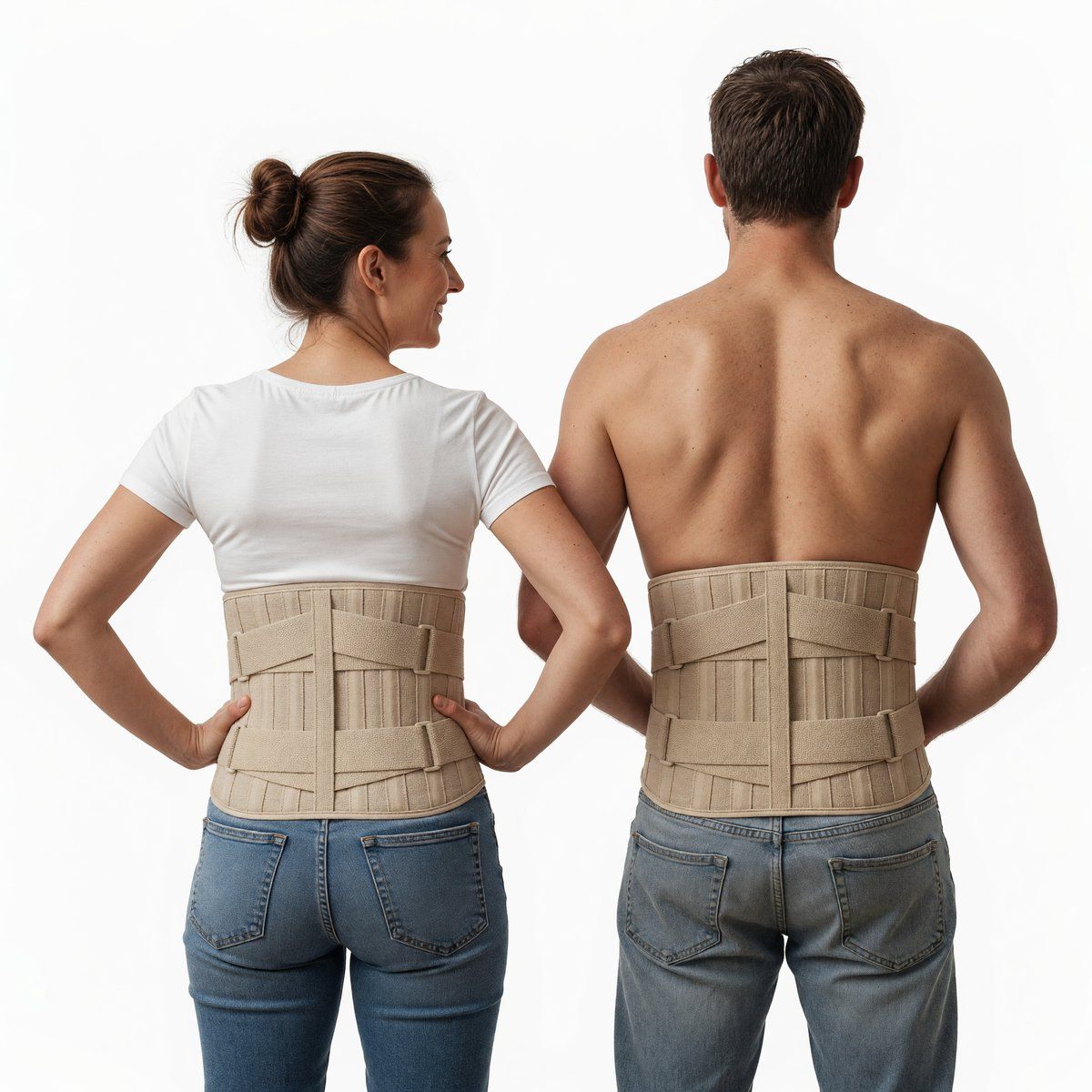 Mann und Frau tragen beide eine beige Rückenbandage.