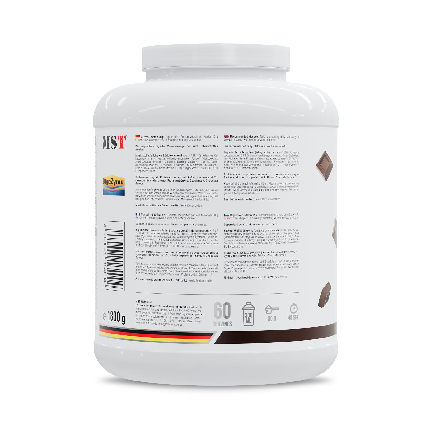 Rückseite einer weißen Dose MST Best Isolate Protein mit Produktinformationen, Barcode und Länderflaggen.