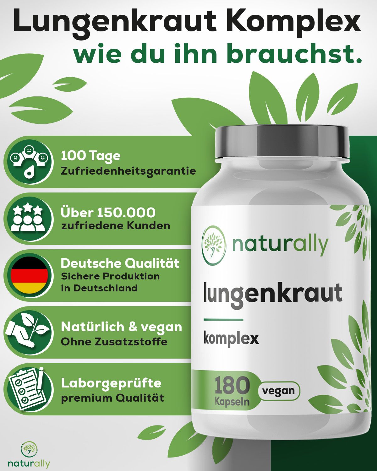 Werbetafel mit Flasche und Text. naturally Lungenkraut Komplex, 180 Kapseln, vegan. 100 Tage Zufriedenheitsgarantie.