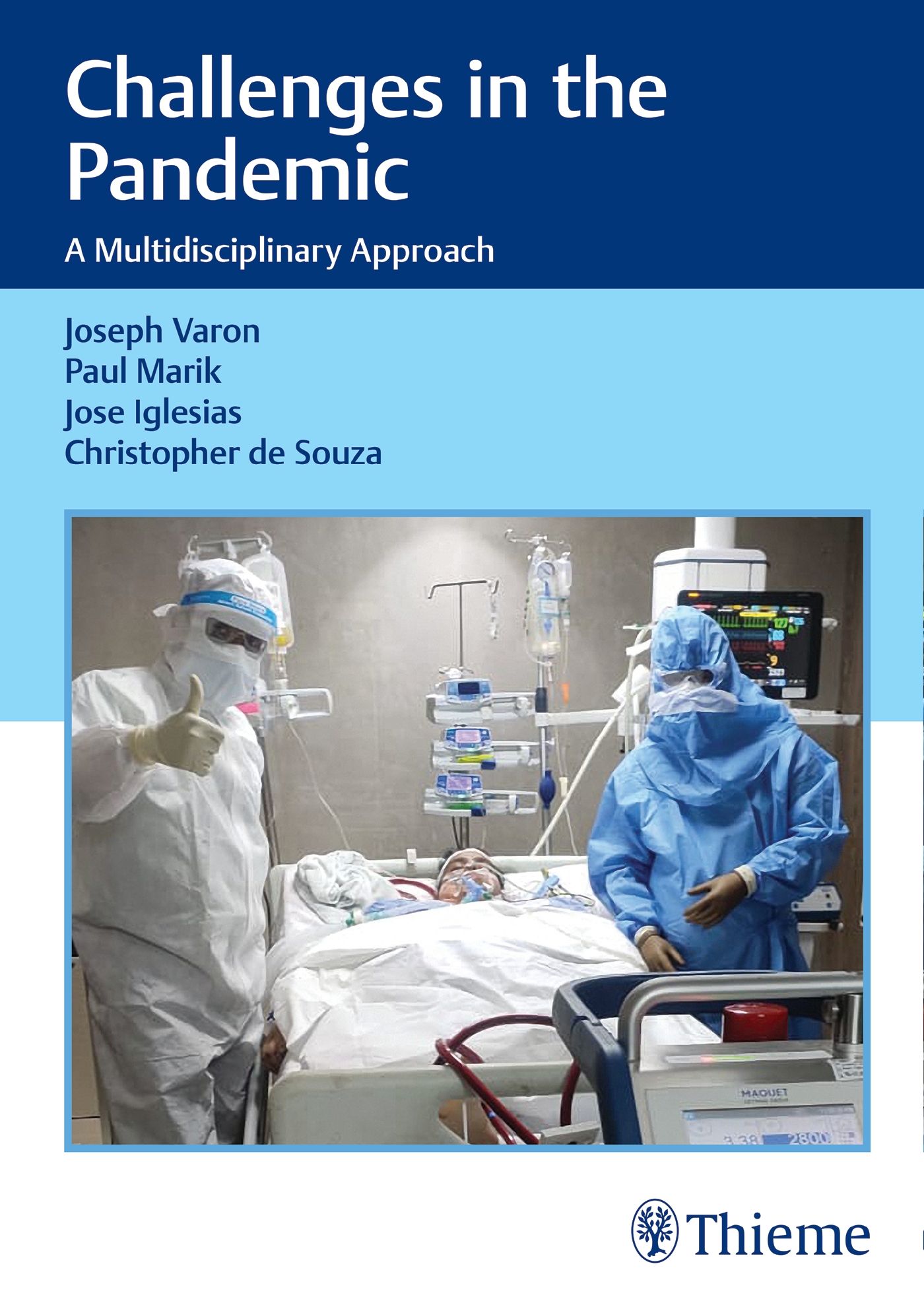 Buchcover: "Challenges in the Pandemic". Ärzte in Schutzkleidung betreuen Patienten. Logo Thieme.