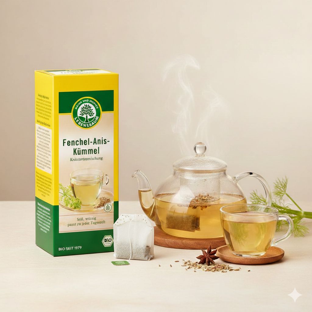 Lebensbaum Fenchel-Anis-Kümmel Tee: Teekanne, Tasse und Teebeutel mit Kräuterteezubereitung.