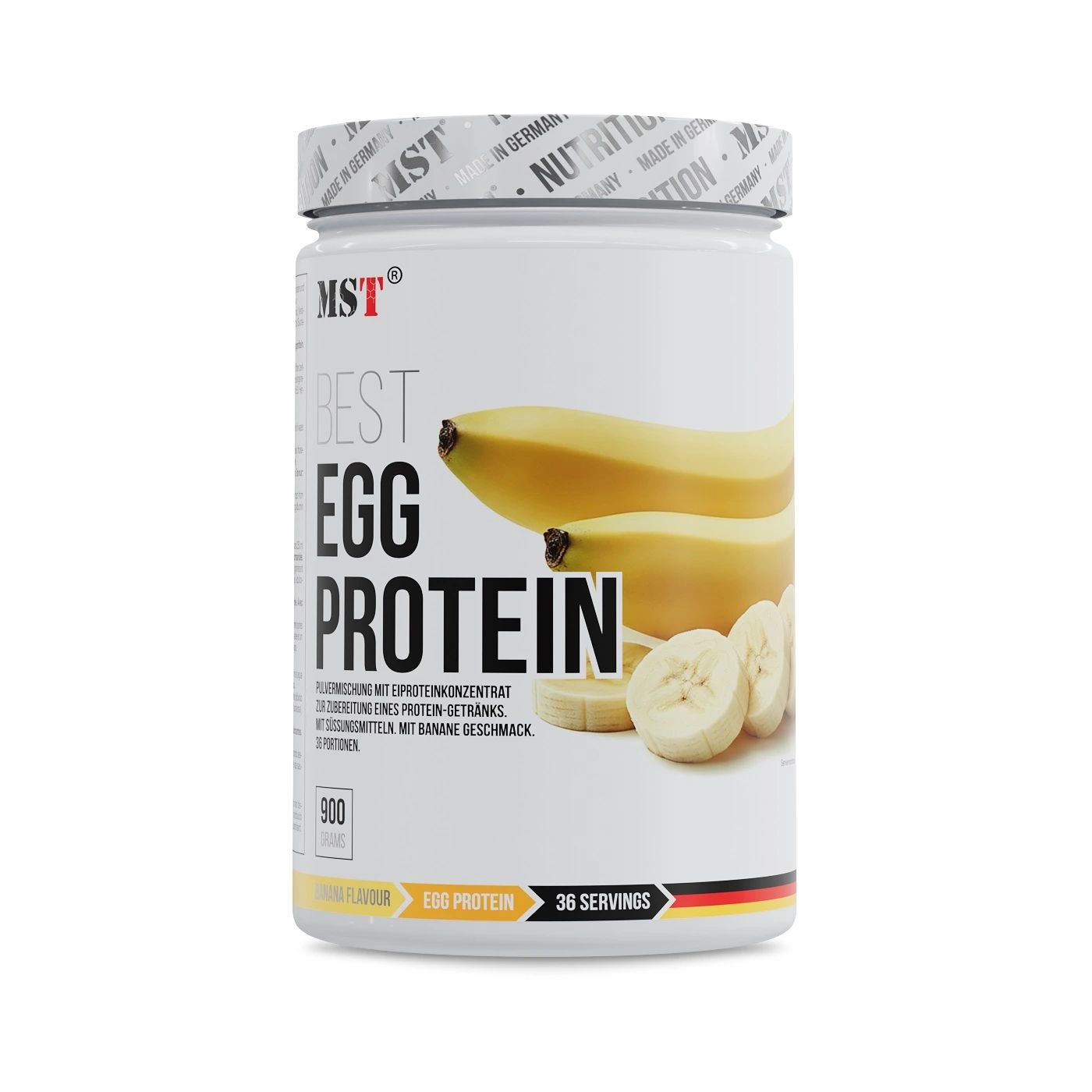 Weißes Protein-Behälter mit Bananen-Abbildung. Aufschrift: BEST EGG PROTEIN. 900g, 36 Portionen. Bananengeschmack.