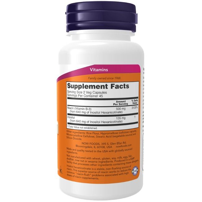 Weiße Flasche mit orangefarbenem Etikett. Enthält Kapseln. Text: Now Foods, Supplement Facts, Niacin, 250 mg.