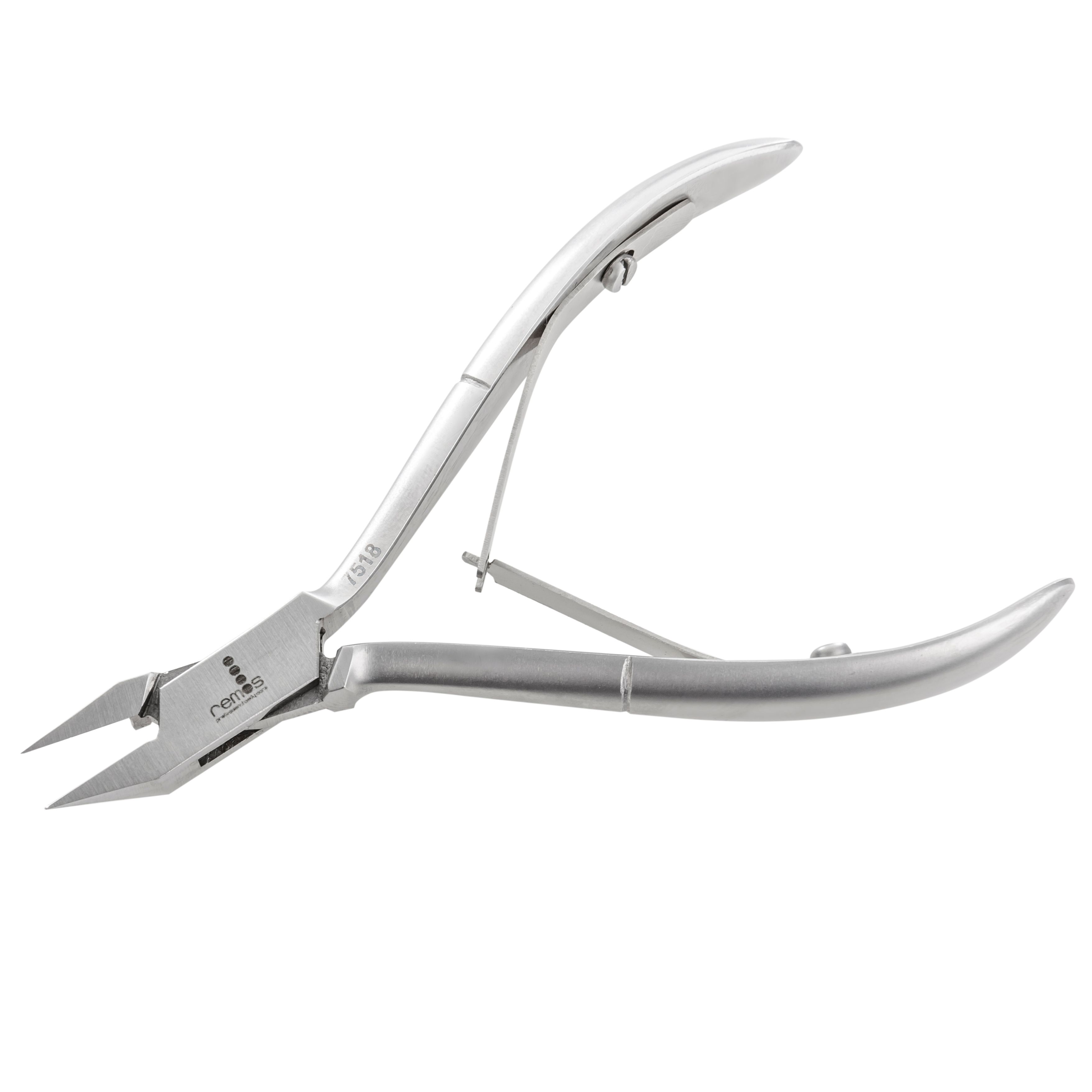 Nagelzange aus Metall. Gebogene Form mit scharfen Schneiden. Marke REMOS ist sichtbar.