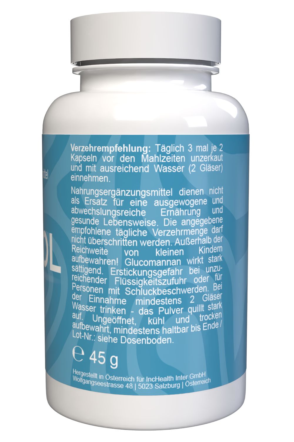 Rückseite einer weißen Kapsel-Flasche mit E-Nummer und Herkunftsangabe.