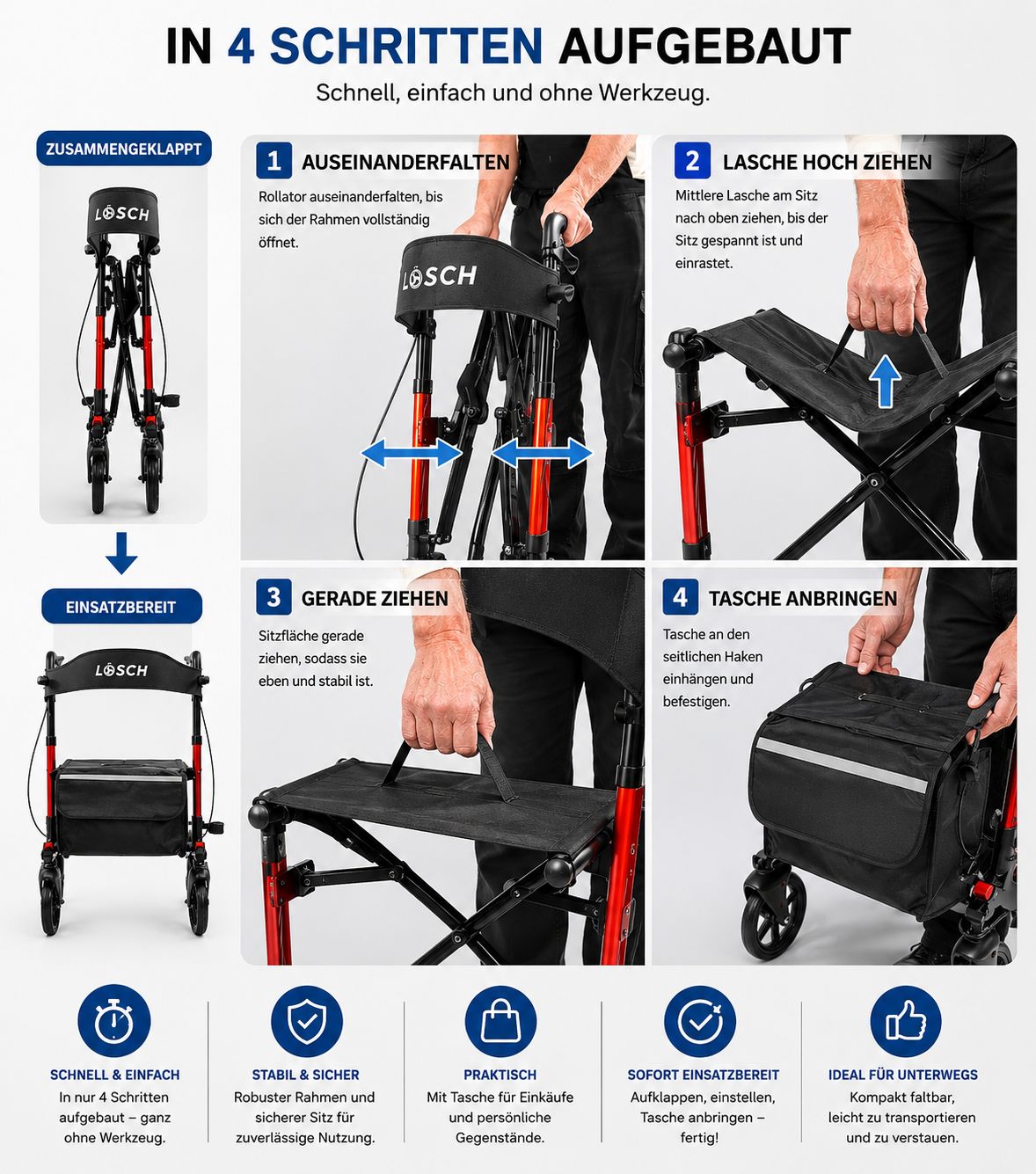 Rollator in 4 Schritten aufgebaut. Roter Rahmen, schwarzer Sitz und Tasche. Schnell und einfach ohne Werkzeug.