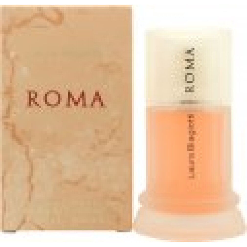 Parfümflakon und Verpackung. Flakon zylindrisch, mit weißem Deckel. Aufschrift: ROMA und Laura Biagiotti. Verpackung mit ROMA-Schriftzug.