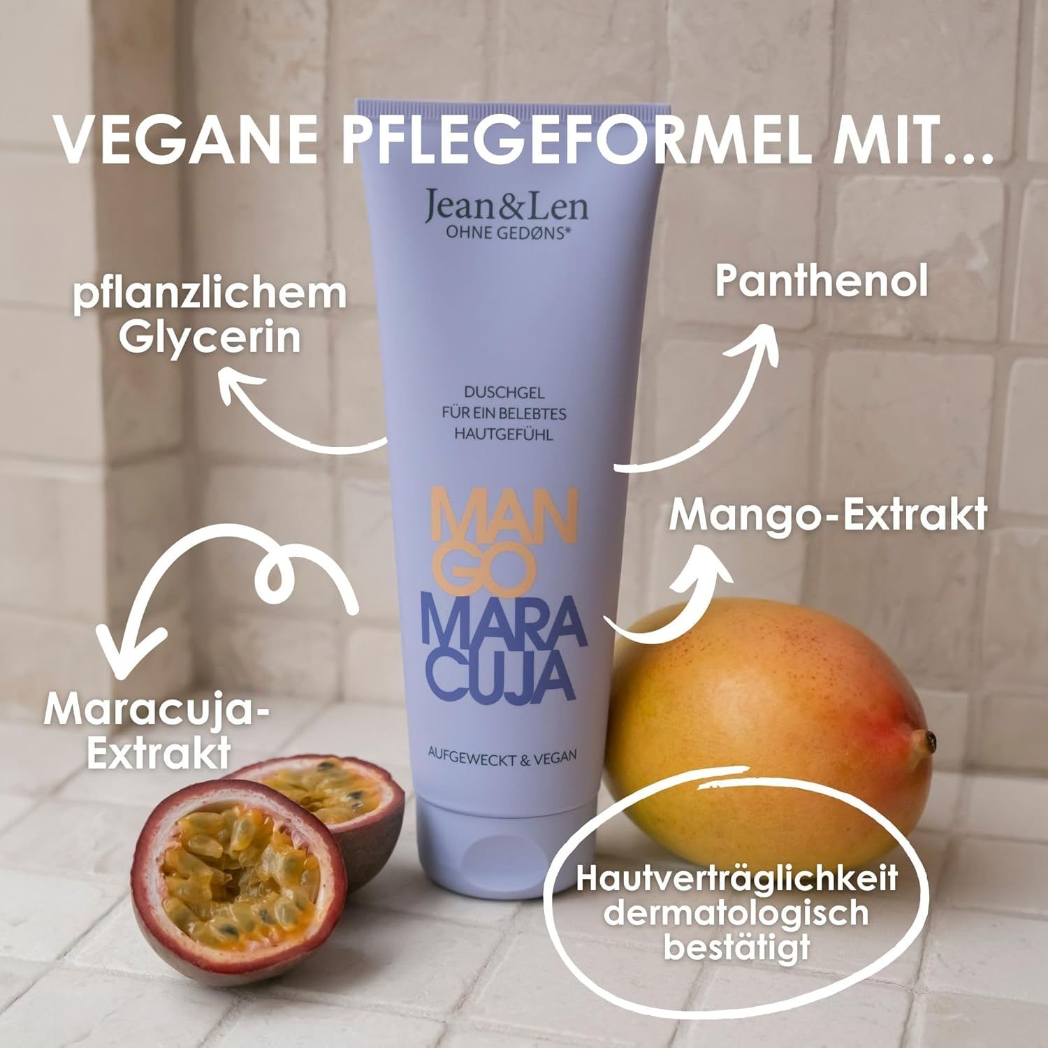 Duschgel-Tube mit Mango & Maracuja. Pfeile zeigen auf Inhaltsstoffe: pflanzliches Glycerin, Panthenol, Mango-Extrakt, Maracuja-Extrakt. Dermatologisch getestet.
