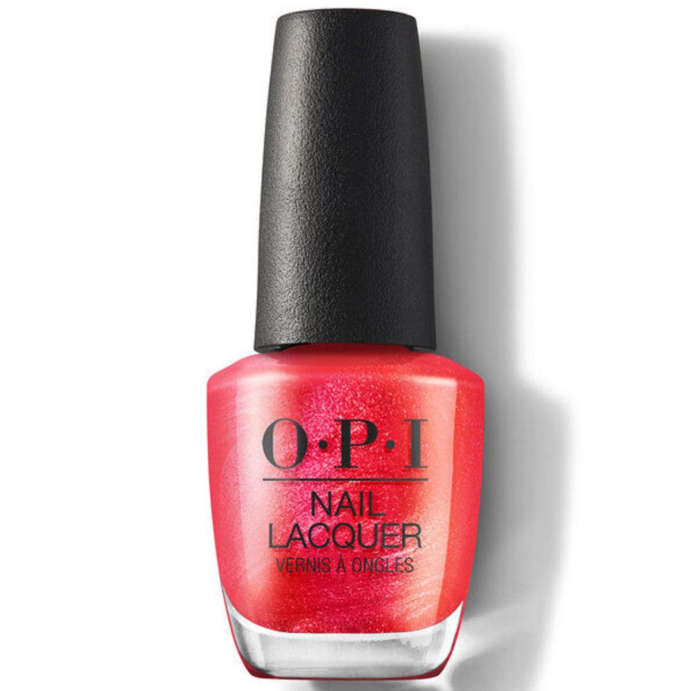 OPI Nagellack-Flasche. Roter Nagellack mit schwarzem Deckel. Text: OPI, Nail Lacquer.