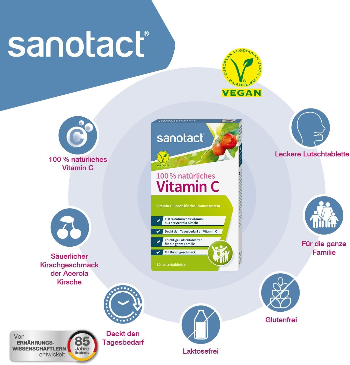 sanotact Vitamin C Packung, umgeben von Icons. Vegan-Siegel. Text: 100% natürliches Vitamin C, Acerola Kirsche. Für die ganze Familie.