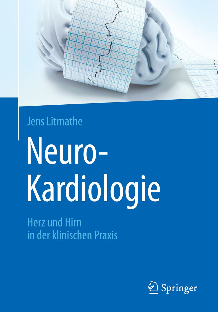 Buchcover von "Neuro-Kardiologie". Titel und Autor sind sichtbar. Im Hintergrund ein Modellgehirn und EKG-Streifen.