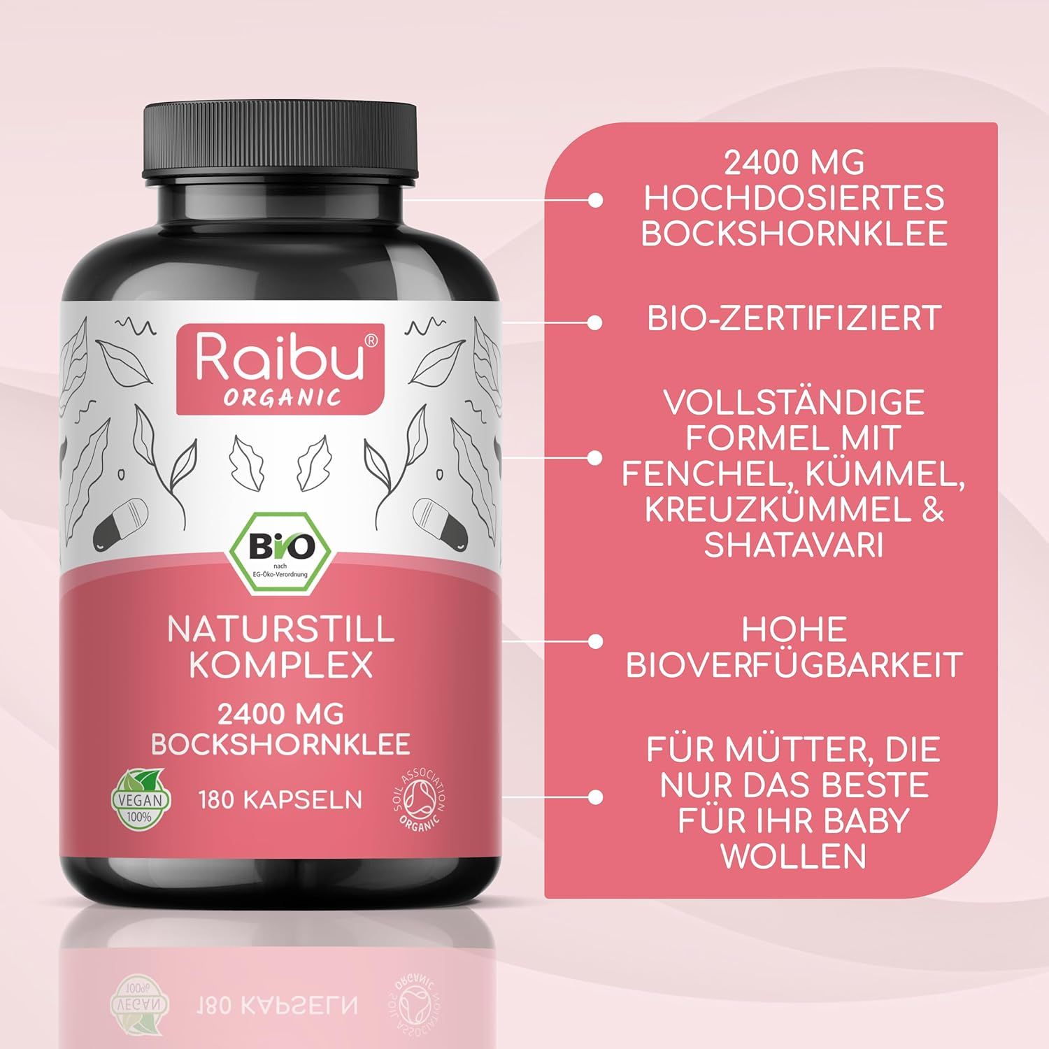 Schwarze Flasche mit Kapseln. Text: 2400 MG Bockshornklee, BIO-zertifiziert, vollständige Formel mit Fenchel, Kümmel, Kreuzkümmel & Shatavari.