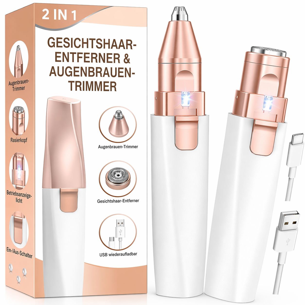 2-in-1-Gerät. Gesichtshaarentferner & Augenbrauen-Trimmer. Weißes Gehäuse, goldfarbene Akzente. Zubehör: Rasierkopf, USB-Kabel.