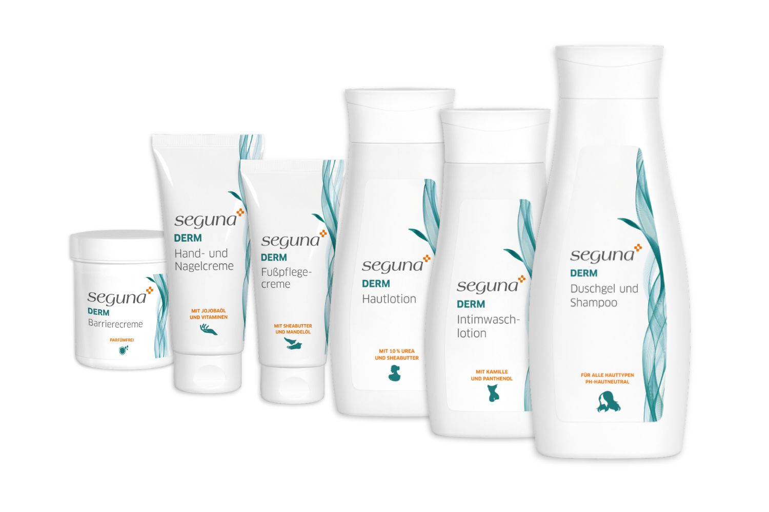 Seguna Derm Hautpflegeprodukte: Hand- und Nagelcreme, Fußpflegecreme, Barrierecreme, Hautlotion, Intimwaschlotion, Dusch- und Shampoo.