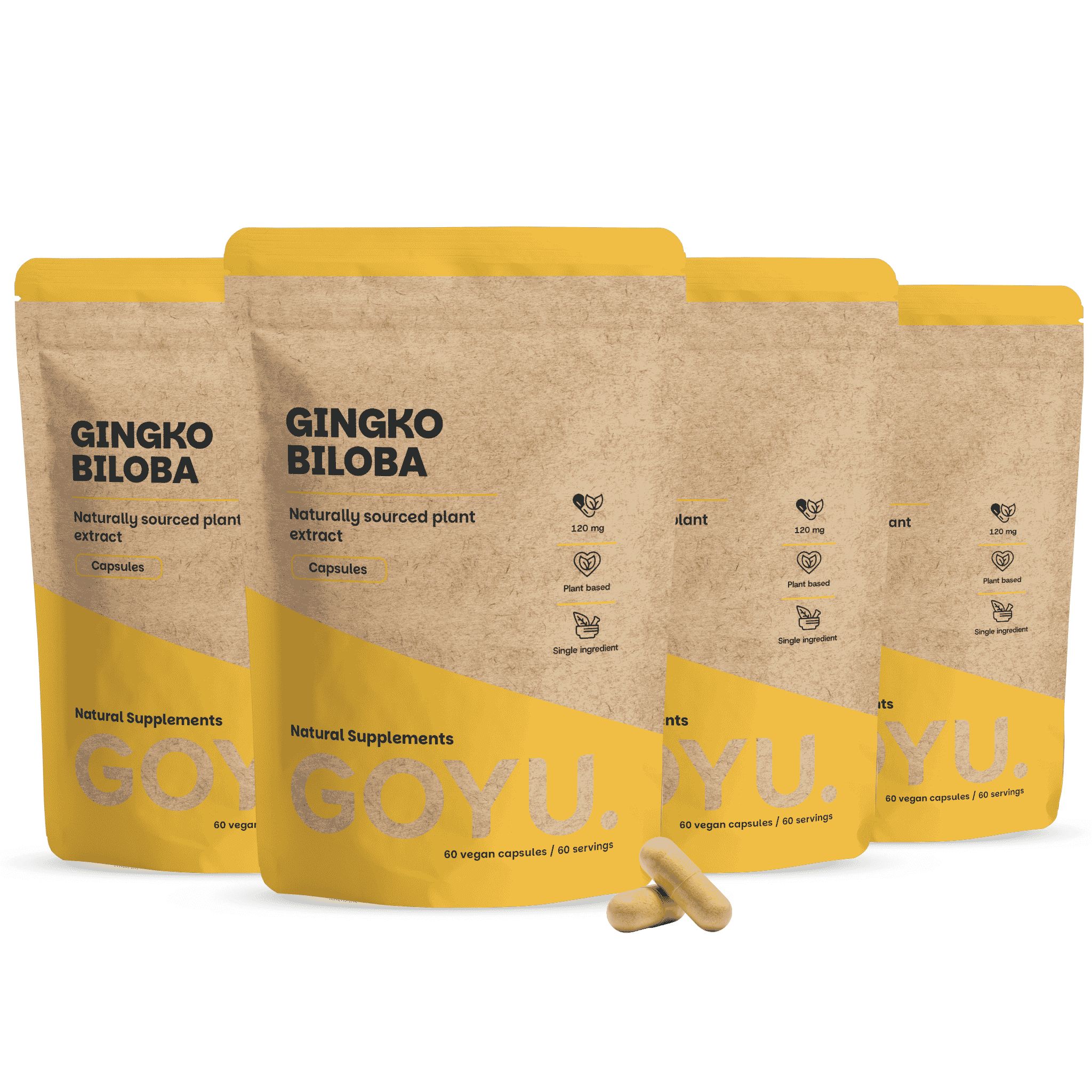 Vier Packungen GOYU Ginkgo Biloba Kapseln, natürlich gewonnen, 60 Kapseln pro Packung.