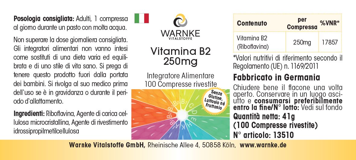 Etikett mit Produktinformationen. Aufschrift: Vitamin B2 250mg, Warnke. Enthält 100 Tabletten. Hergestellt in Deutschland.