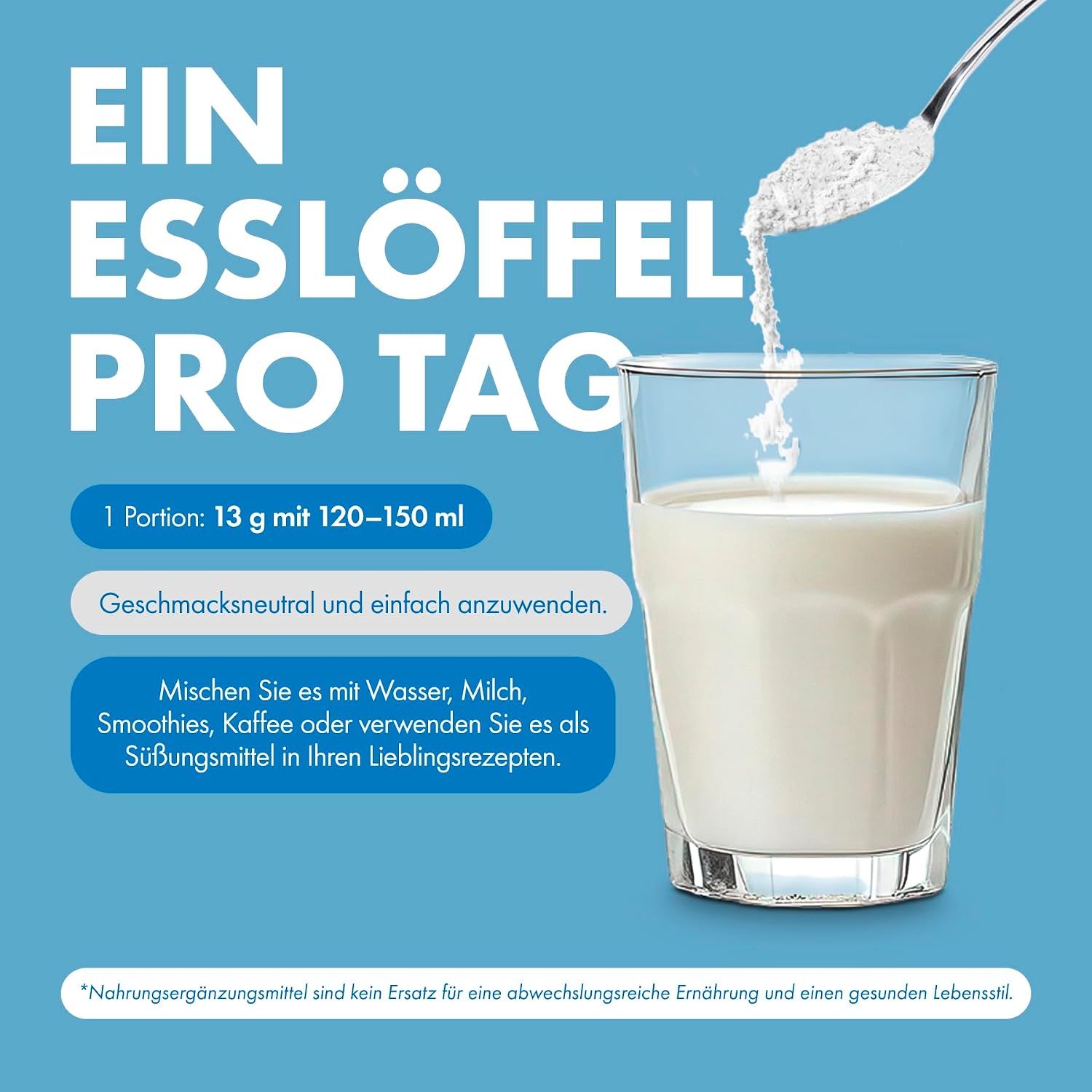 Ein Esslöffel Kollagenpulver wird in ein Glas Milch gegeben.