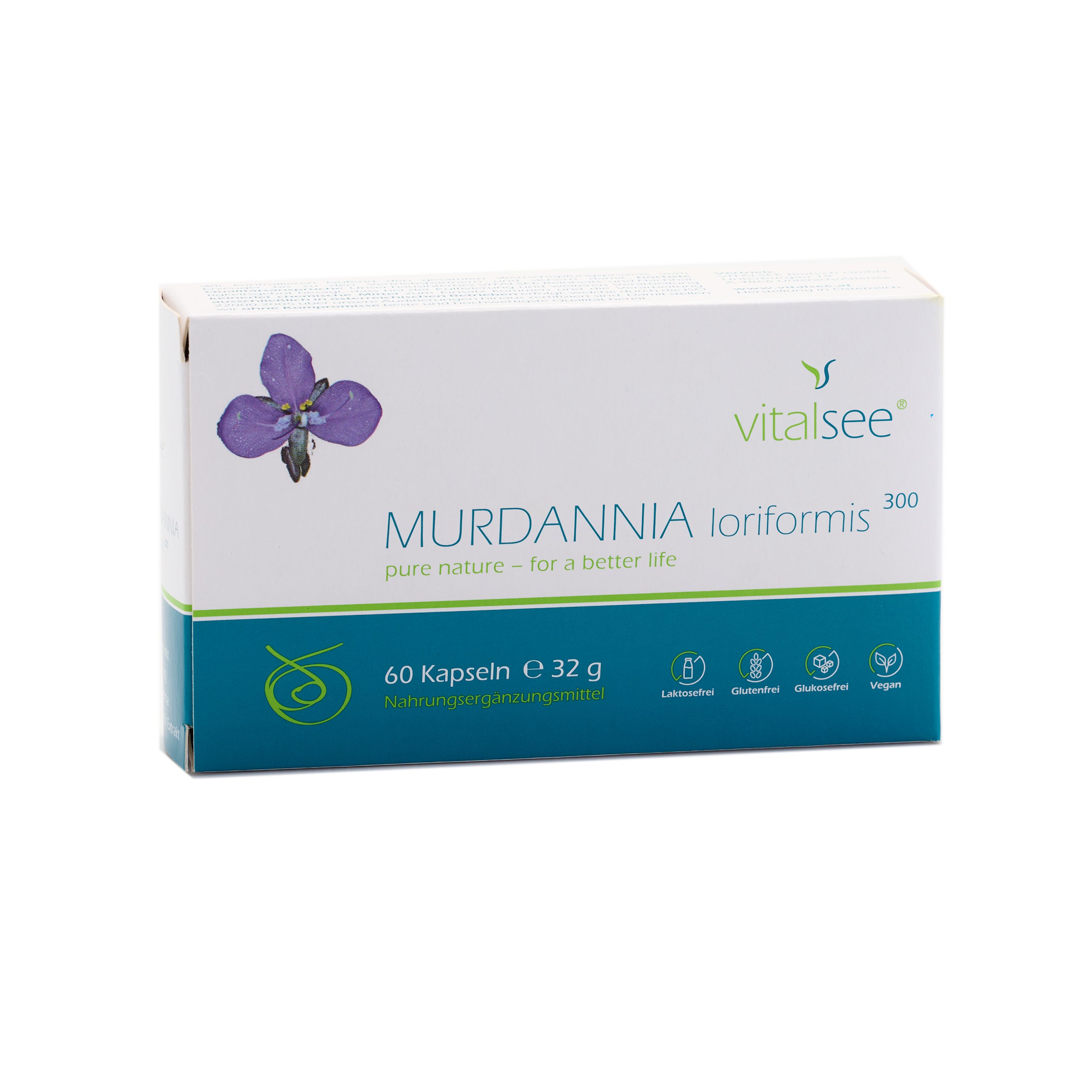 Weißer Karton mit lila Blüte, blauem Streifen und Text. Enthält Kapseln. Aufschrift: Vitalsee, MURDANNIA loriformis 300 Extrakt.