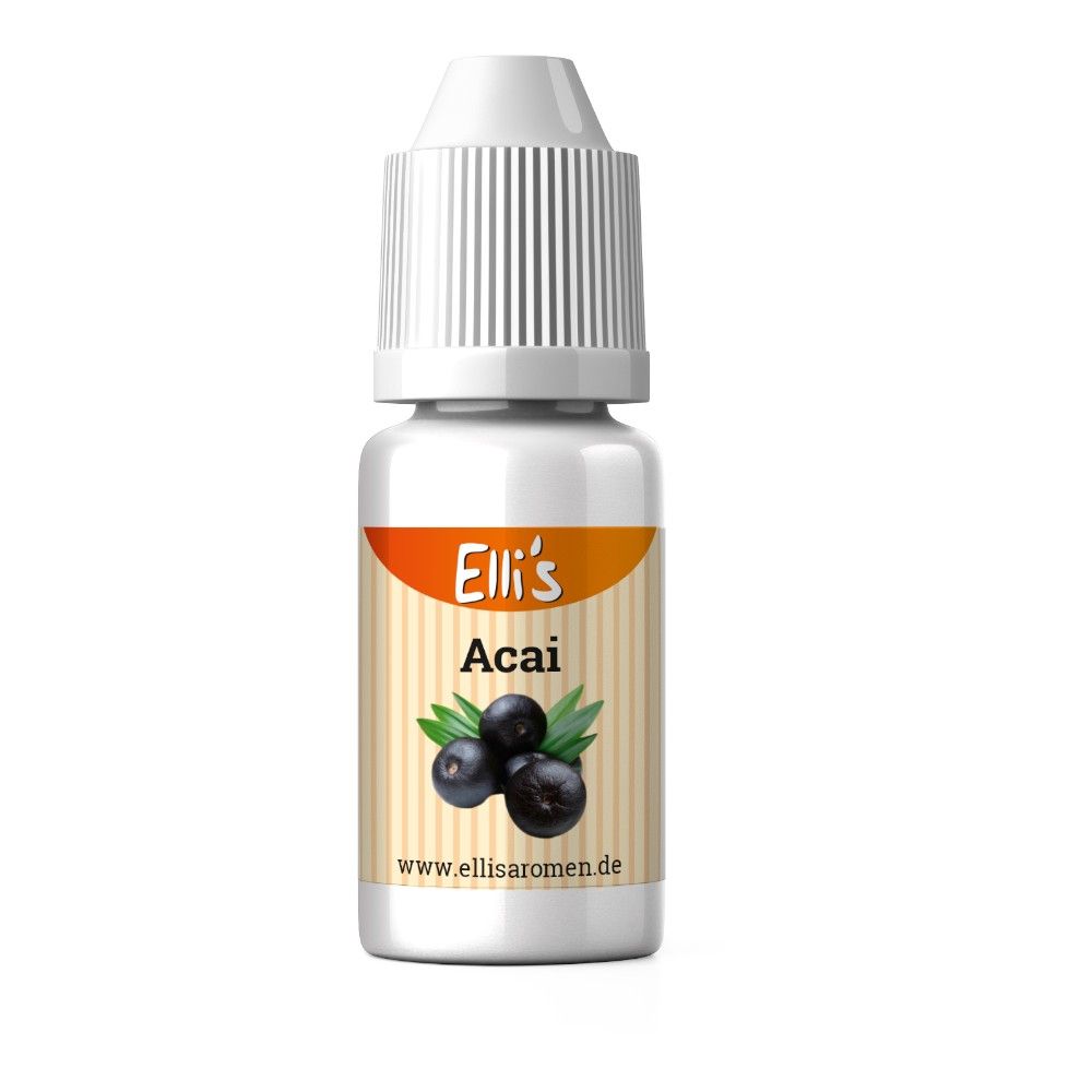 Fläschchen mit weißem Deckel. Etikett mit Produktname 'Acai' und Abbildung von Beeren und Blättern. Marke: Elli's.