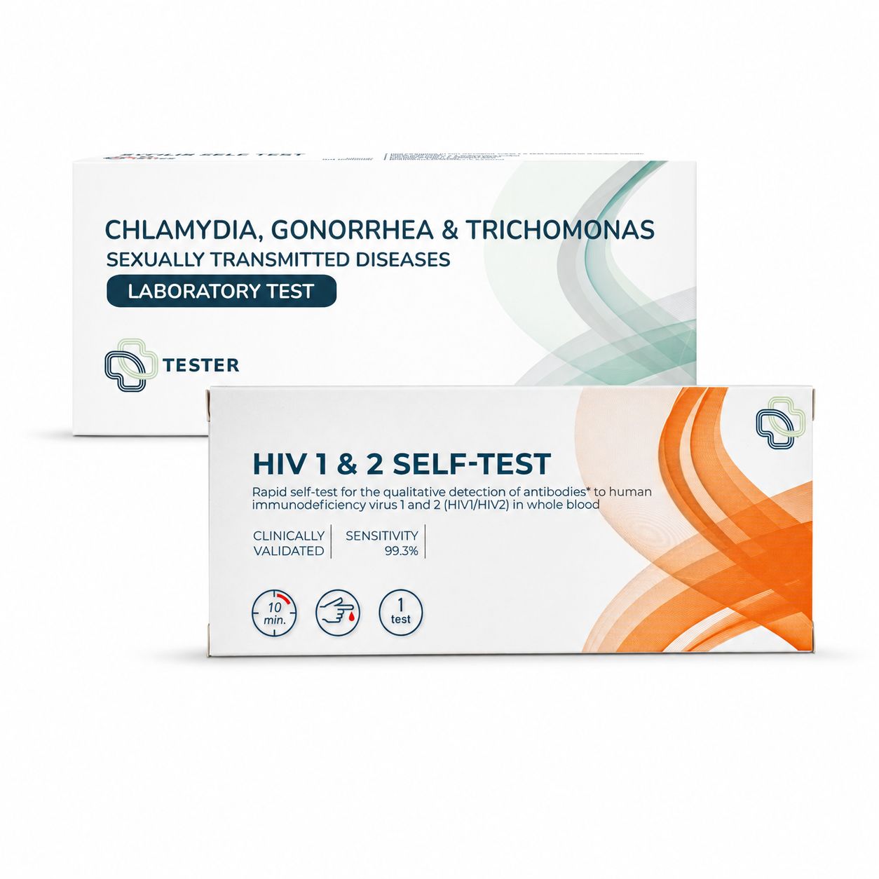 Zwei Testkits für sexuell übertragbare Krankheiten: Chlamydien, Gonorrhoe, Trichomonaden und HIV. Eines ist ein Labortest, das andere ein HIV 1 & 2 Selbsttest.