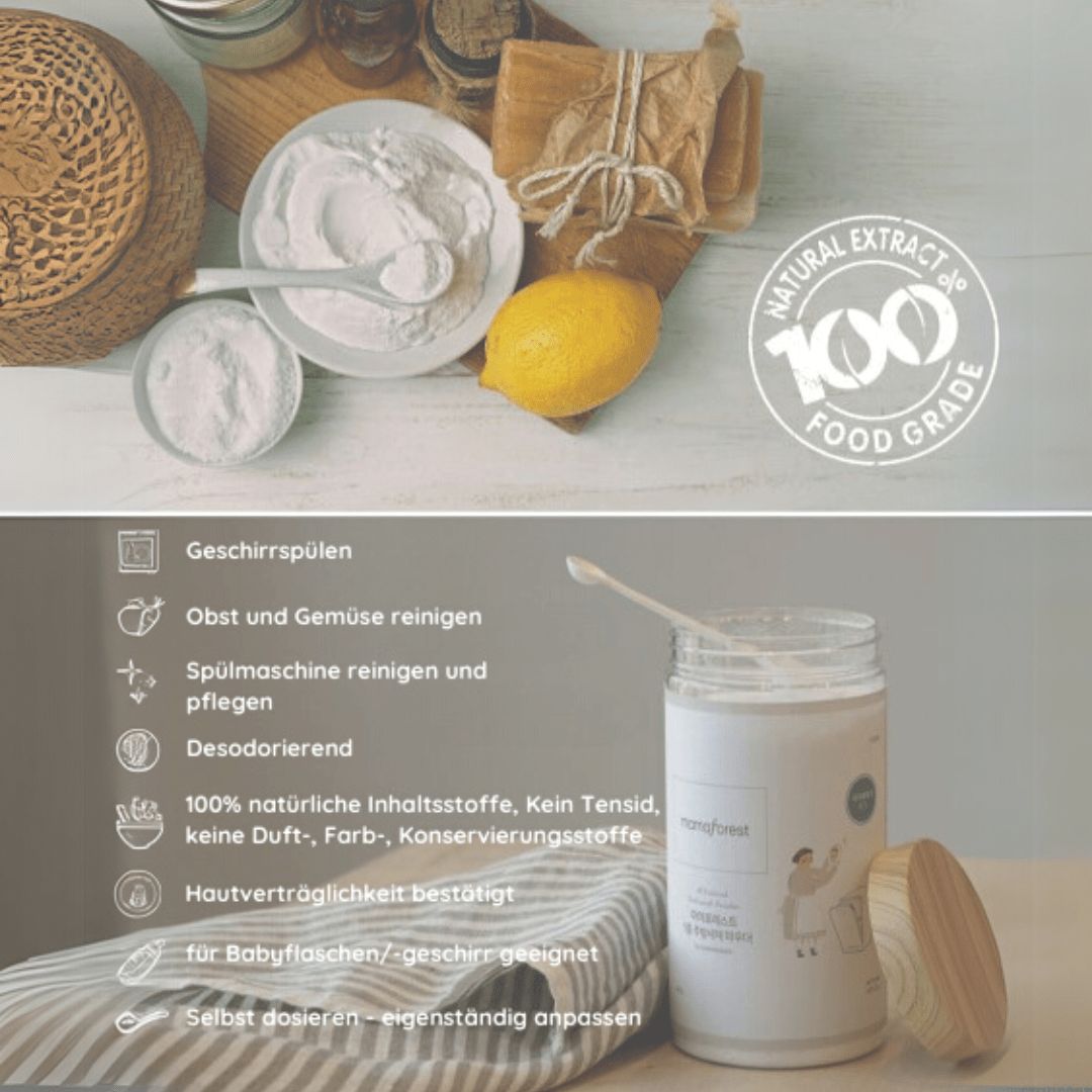 Produktabbildung mit Zutaten. MAMAFOREST-Spülpulver, 100% natürliche Inhaltsstoffe. Inhaltsstoffe in Schalen und Zitrone.