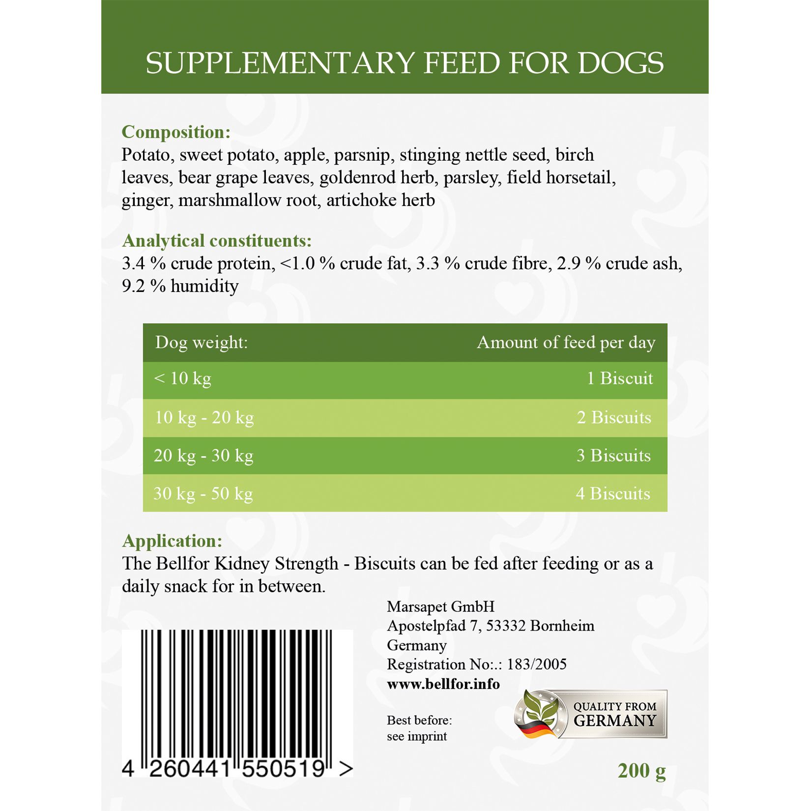 Rückseite der Verpackung. Text: Composition, analytical constituents, application. Barcode.