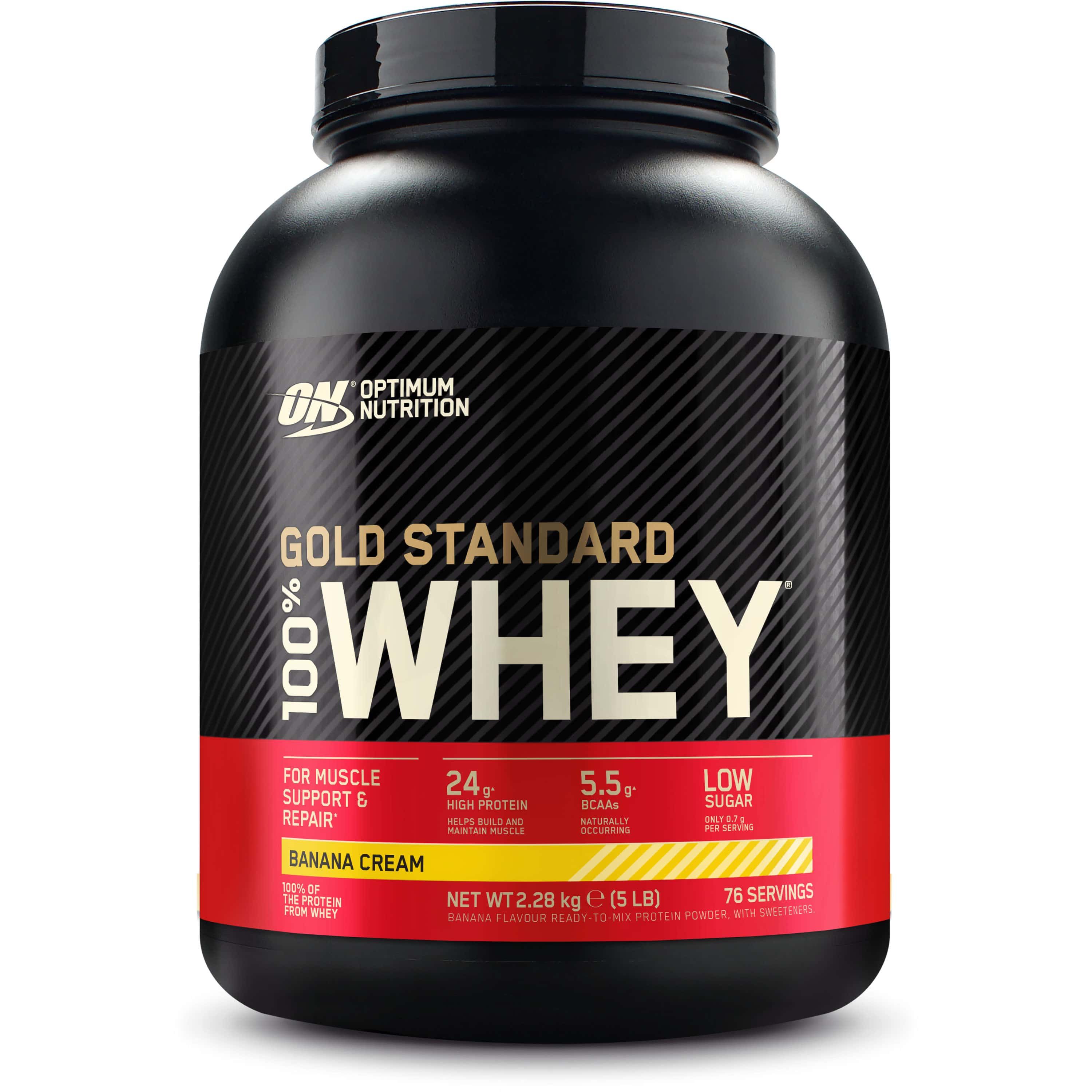 Schwarzer Behälter mit rotem Etikett. Aufschrift: Gold Standard 100% Whey, Banana Cream. Enthält 76 Portionen.