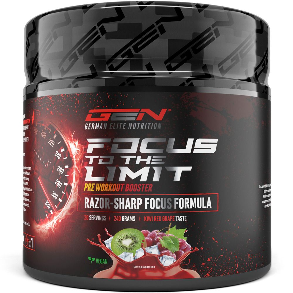 Dose mit Produktaufschrift "FOCUS TO THE LIMIT". Kiwi- und Traubenabbildung. "PRE WORKOUT BOOSTER". "RAZOR-SHARP FOCUS FORMULA".