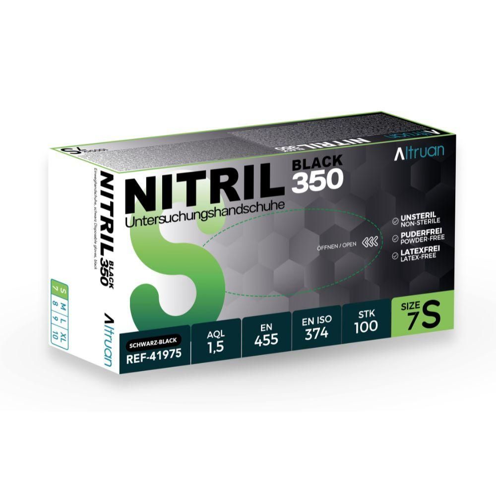 Verpackung von schwarzen Nitril-Untersuchungshandschuhen, Größe 7S, 100 Stück.