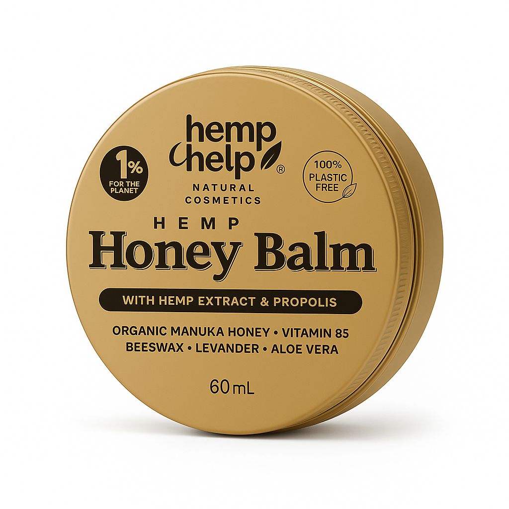 Runde, goldfarbene Dose mit Aufschrift 'Hemp Honey Balm'. Enthält Hanfextrakt und Propolis. 100% plastikfrei.