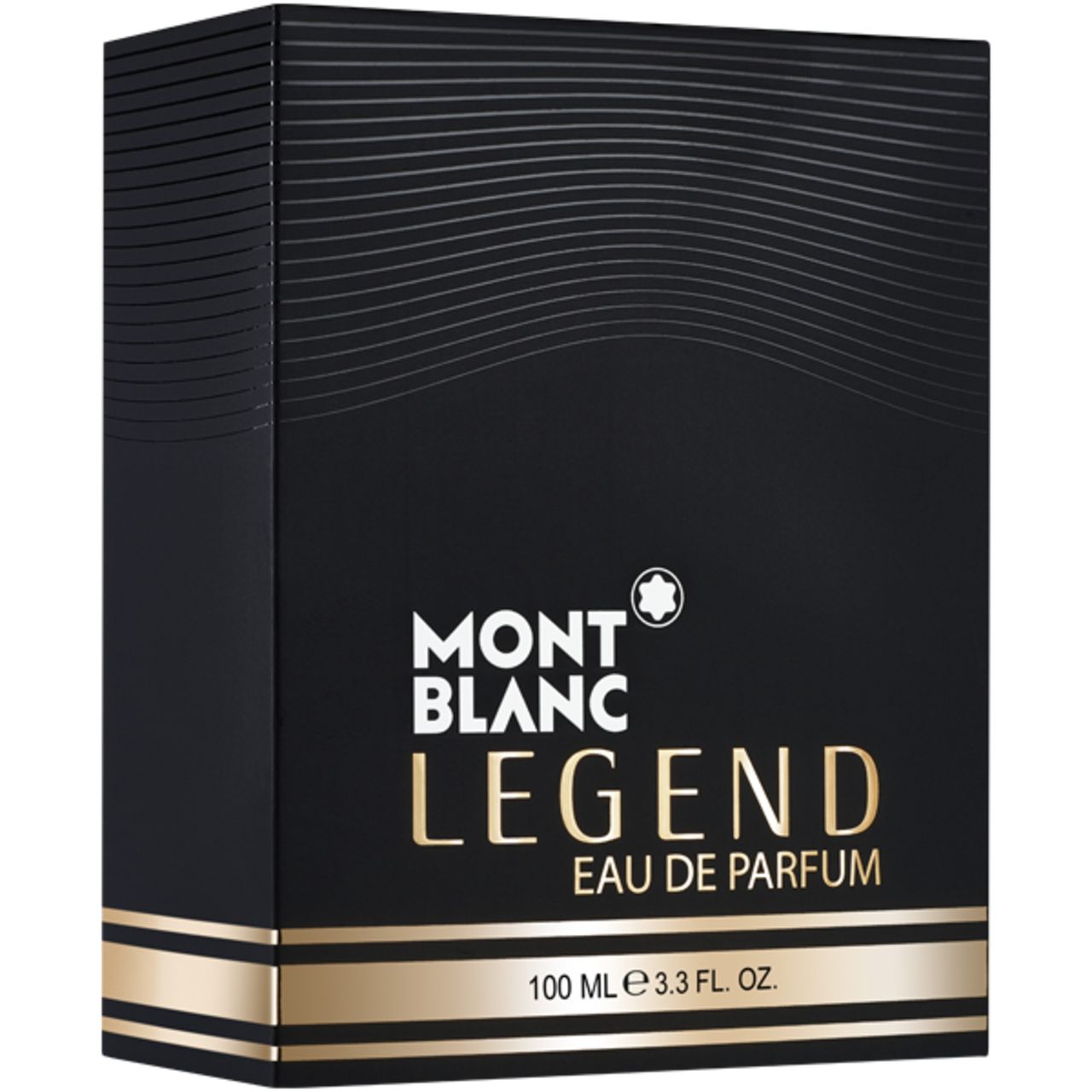 Schwarze Schachtel mit goldfarbenen Details. MONTBLANC LEGEND EAU DE PARFUM steht auf der Schachtel. 100 ml.