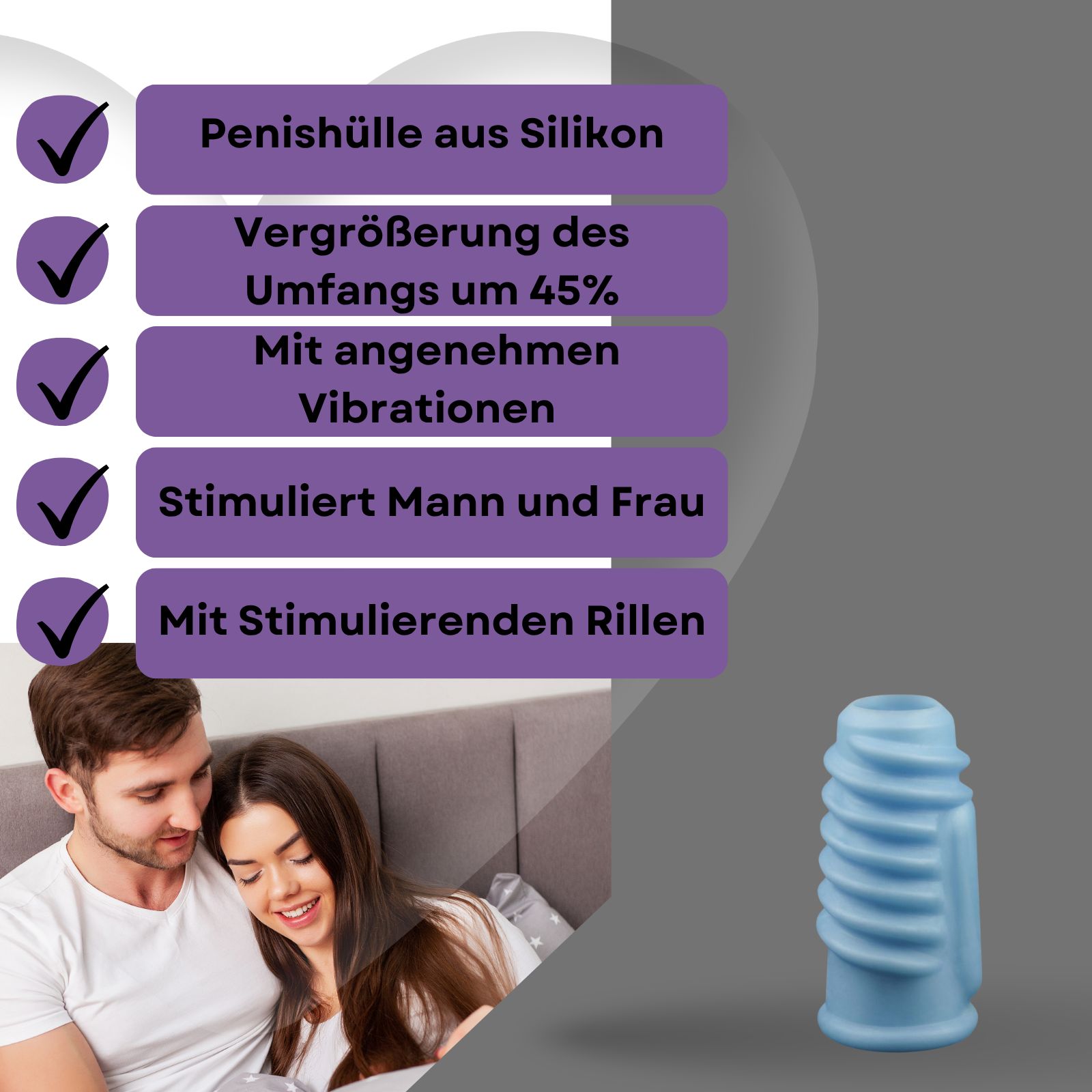 Blaues, gerilltes Silikonprodukt. Hintergrund: Paar im Bett, lächelnd. Produkt auf Podest.