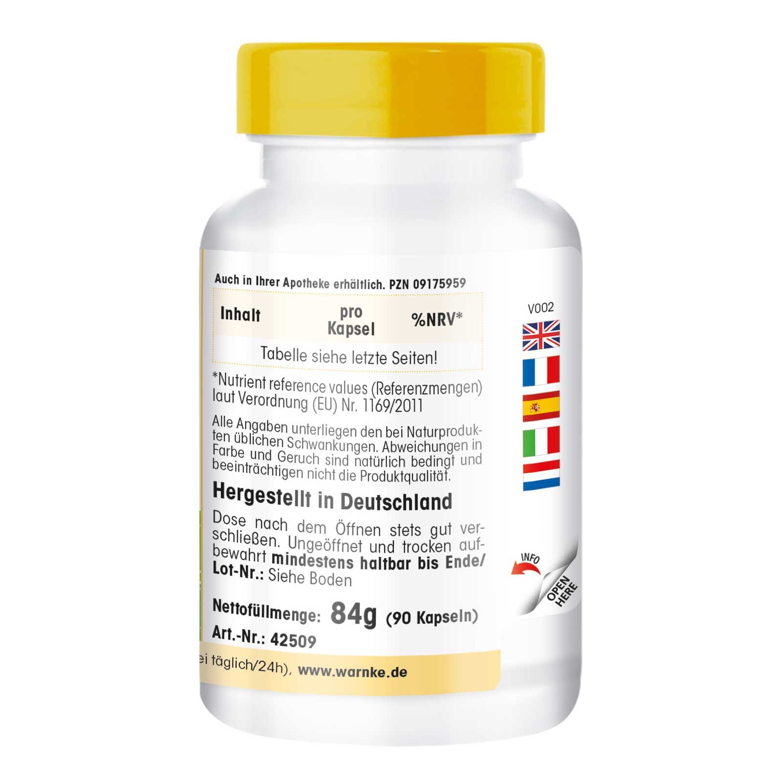 Rückseite einer weißen Pillenflasche mit gelbem Deckel. Text: Nettofüllmenge 84g (90 Kapseln), Hergestellt in Deutschland, PZN.