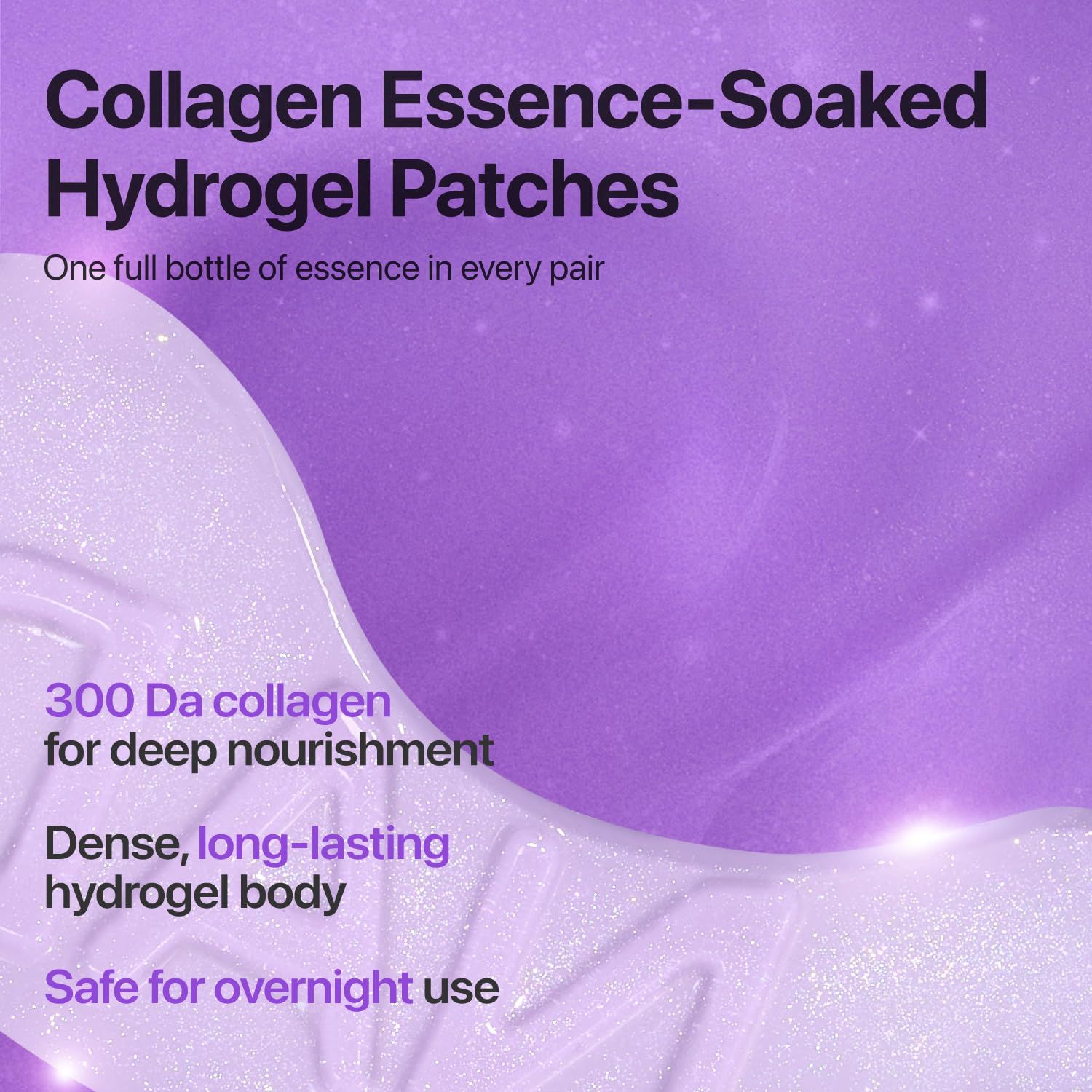 Nahaufnahme von Augen-Pads. Text: Collagen Essence-Soaked Hydrogel Patches. Inhaltsstoffe: Collagen, Hydrogel.